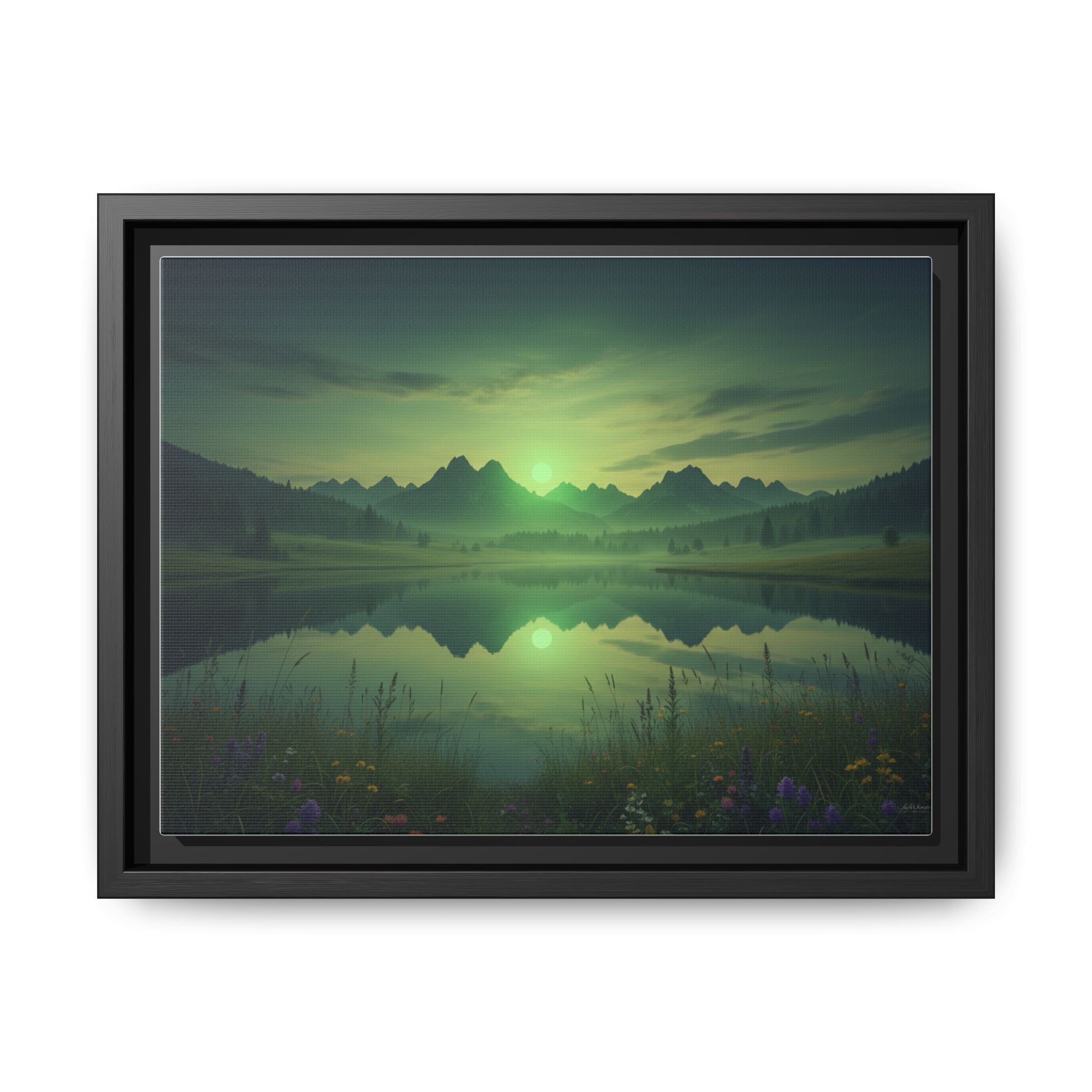 Framed Matte Canvas Print — Serene Green Mountain Lake Landscape