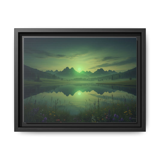 Framed Matte Canvas Print — Serene Green Mountain Lake Landscape