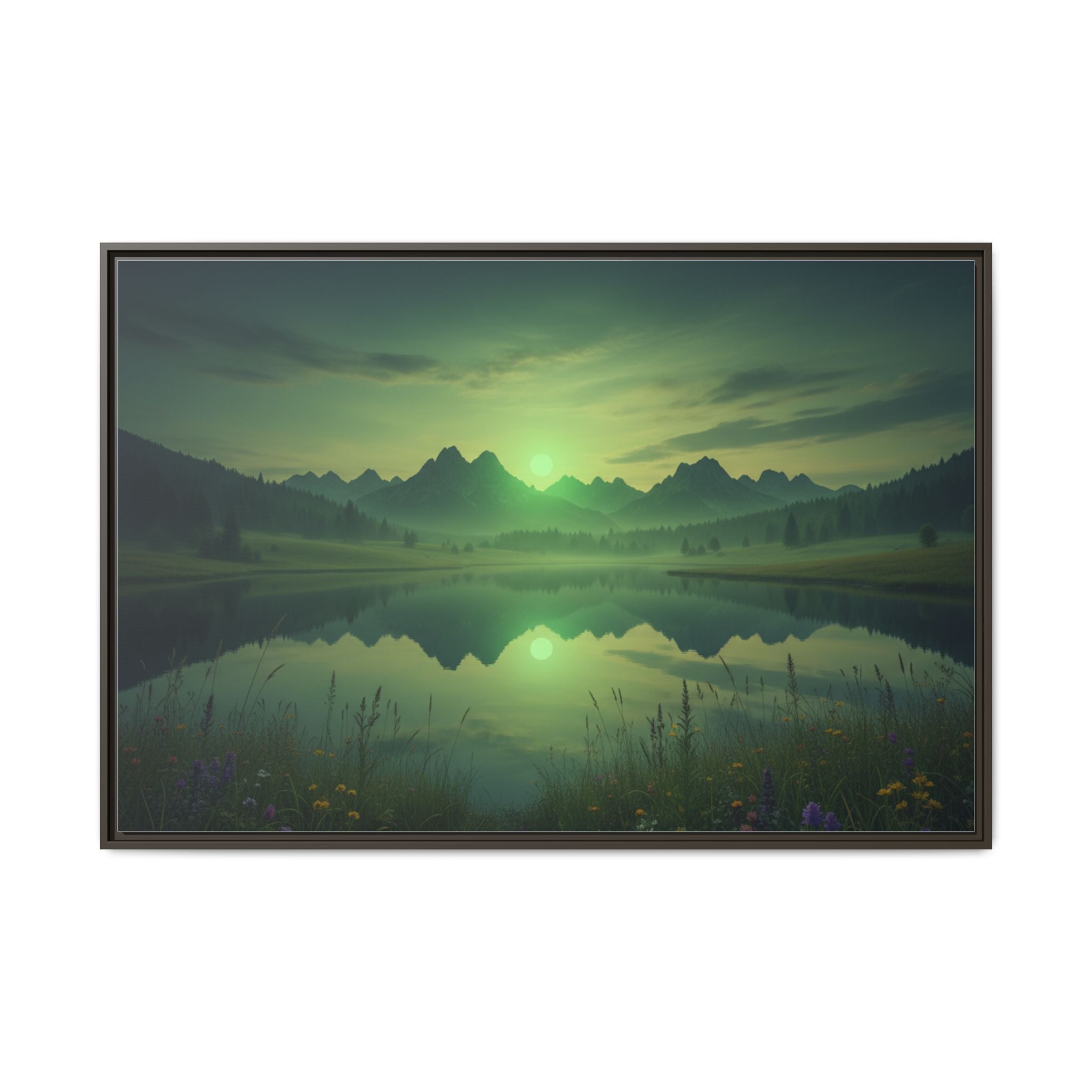 Framed Matte Canvas Print — Serene Green Mountain Lake Landscape