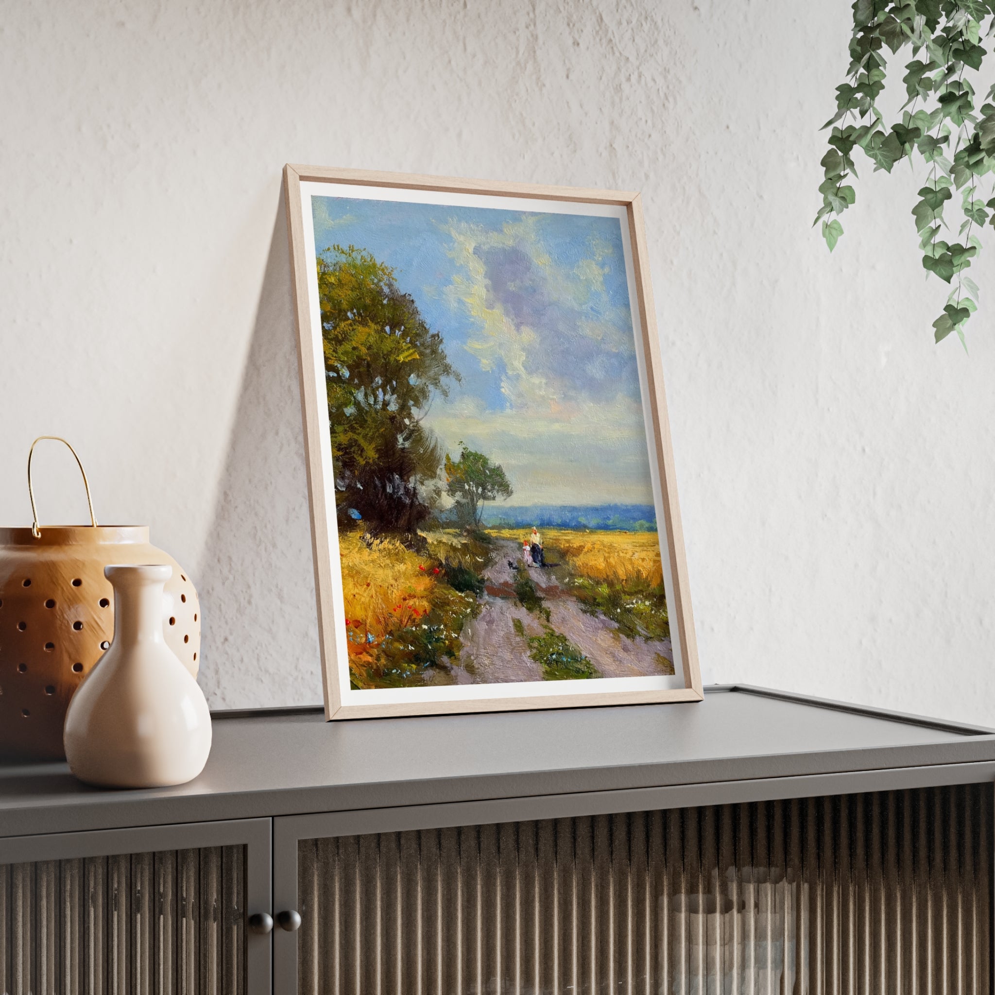 Framed Countryside Landscape Poster — Rustic Wooden Frame Wall Art