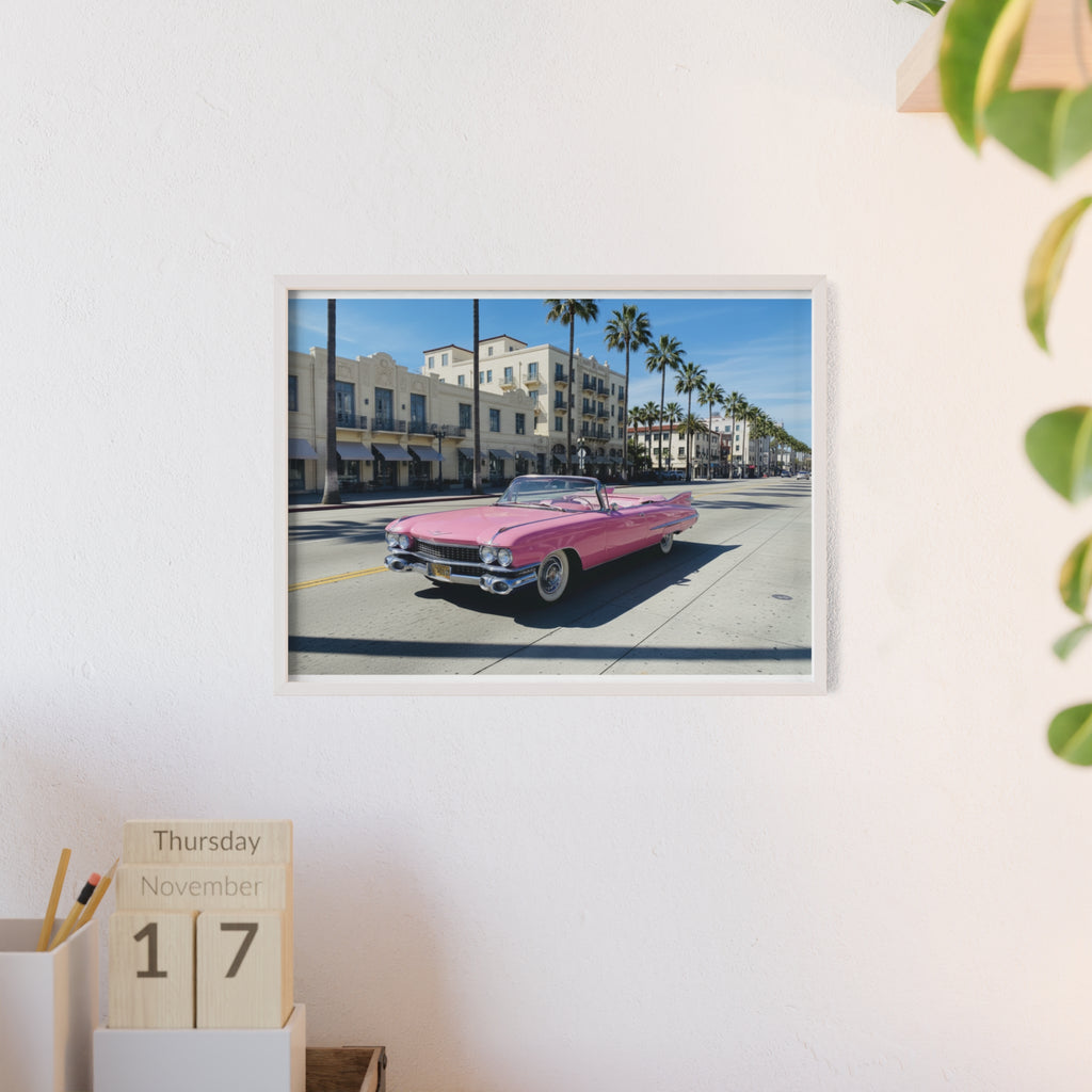 Retro Pink Cadillac Poster with Wooden Frame — Vintage Palm-Drive Wall Art