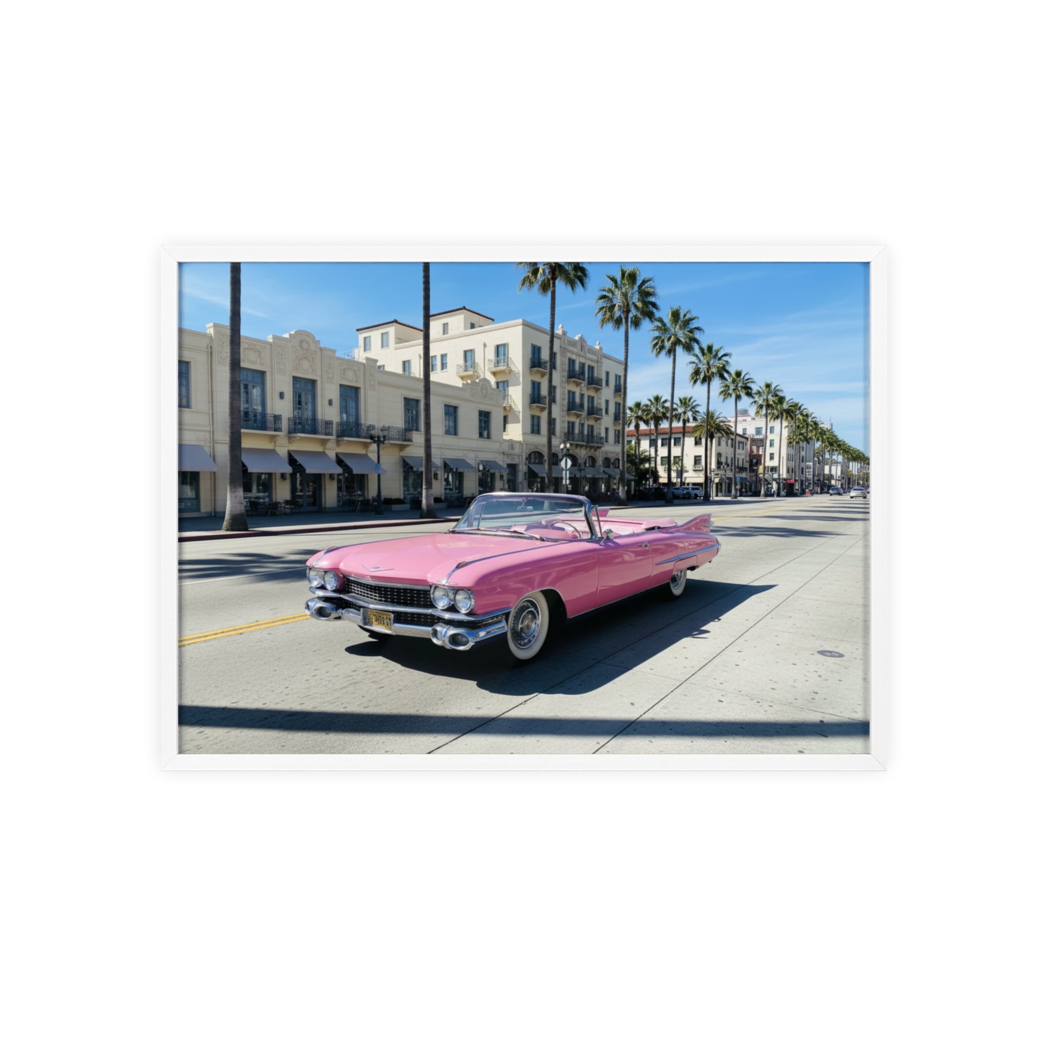 Retro Pink Cadillac Poster with Wooden Frame — Vintage Palm-Drive Wall Art