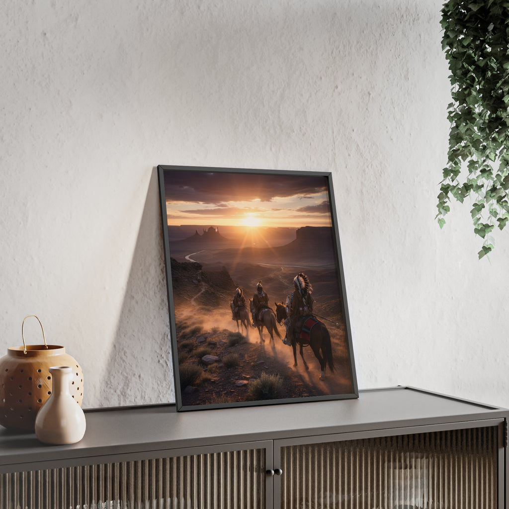 Framed Western Sunset Poster — Native Riders on Horseback Wall Art