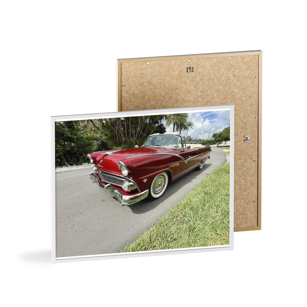 Vintage Red Convertible Poster with Wooden Frame — Classic Car Wall Art