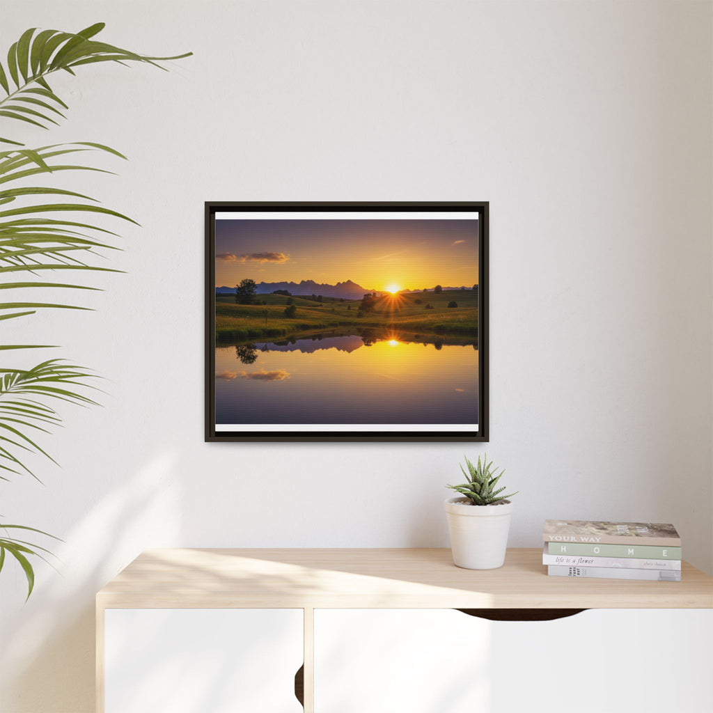 Framed Matte Canvas Sunset Landscape — Serene Lake Reflection Wall Art