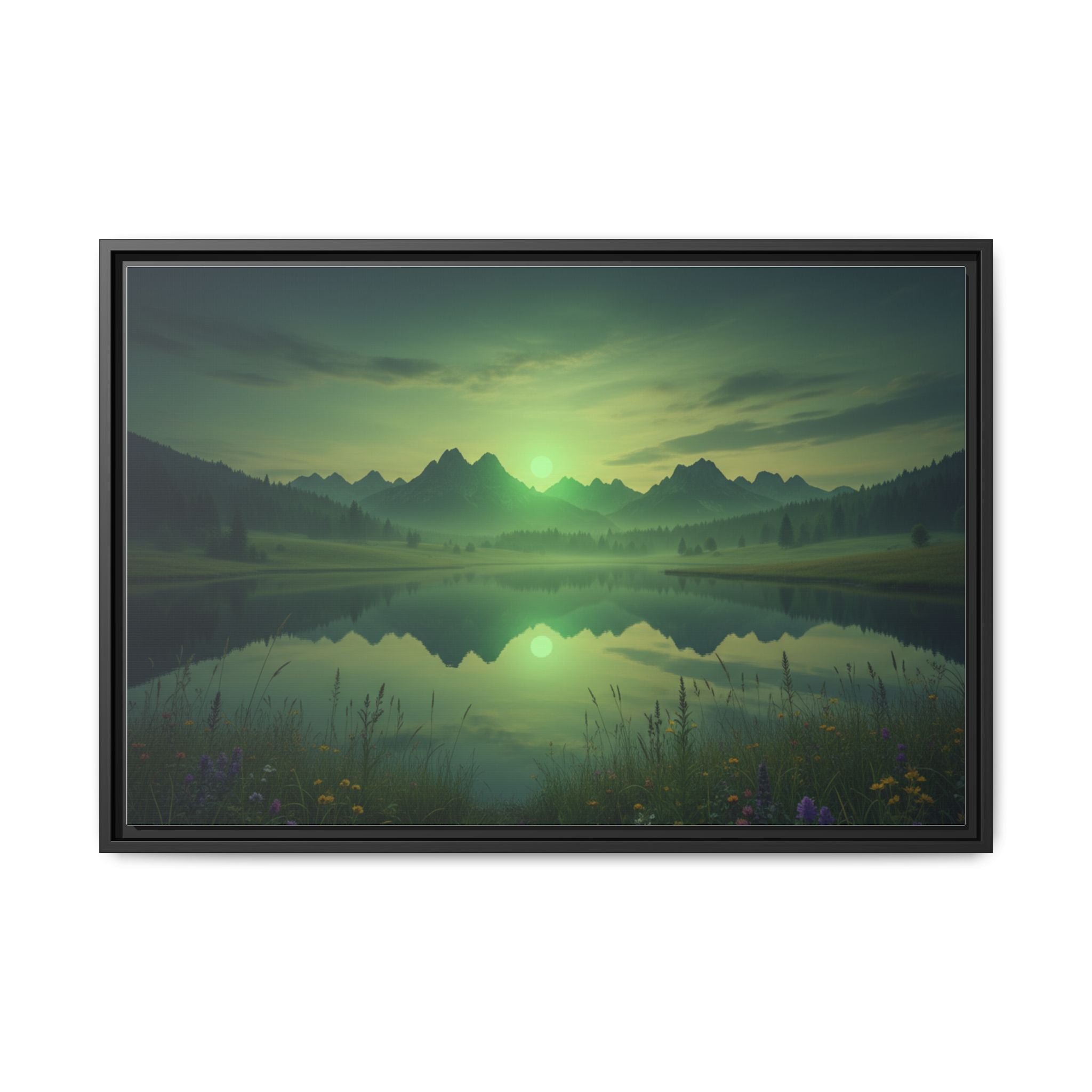 Framed Matte Canvas Print — Serene Green Mountain Lake Landscape