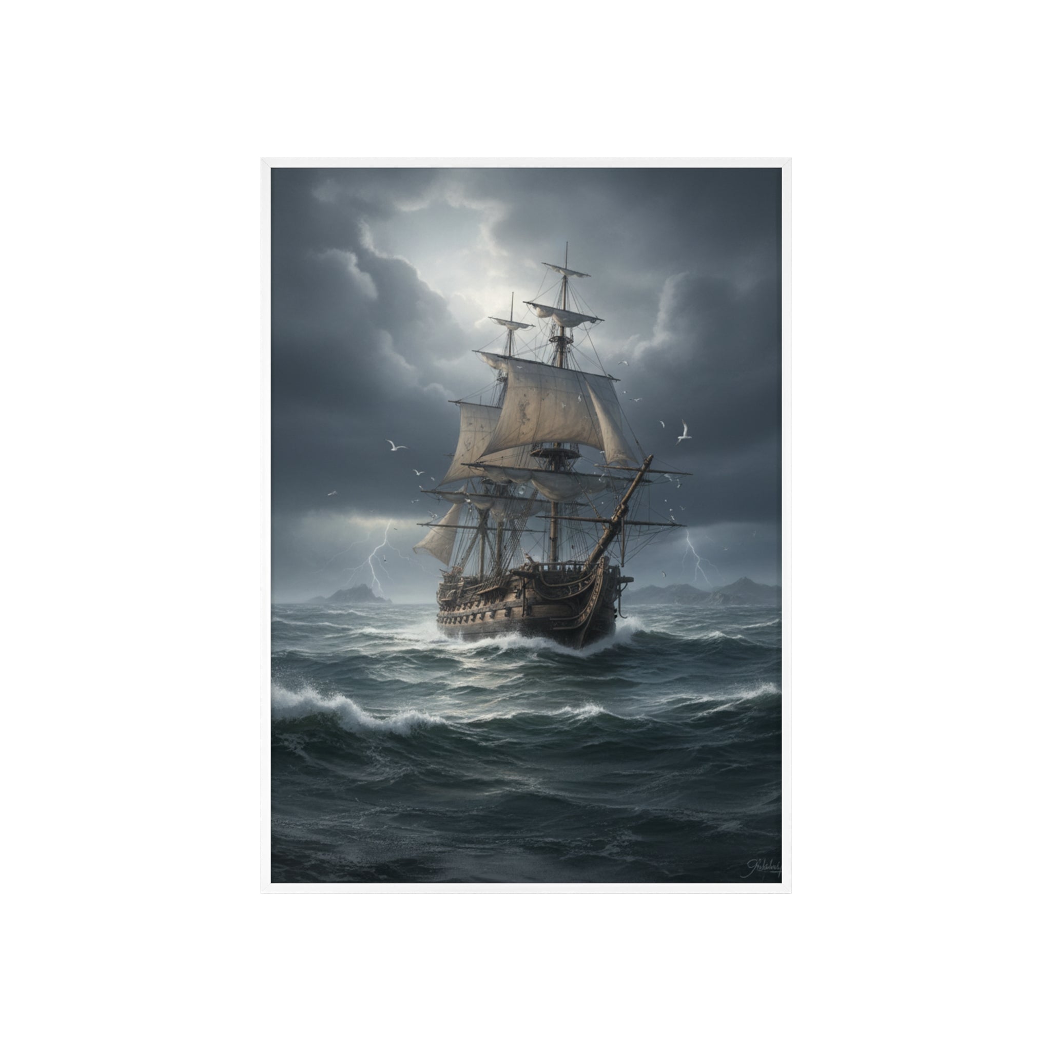Framed Stormy Sea Ship Poster — Nautical Wall Art with Wooden Frame