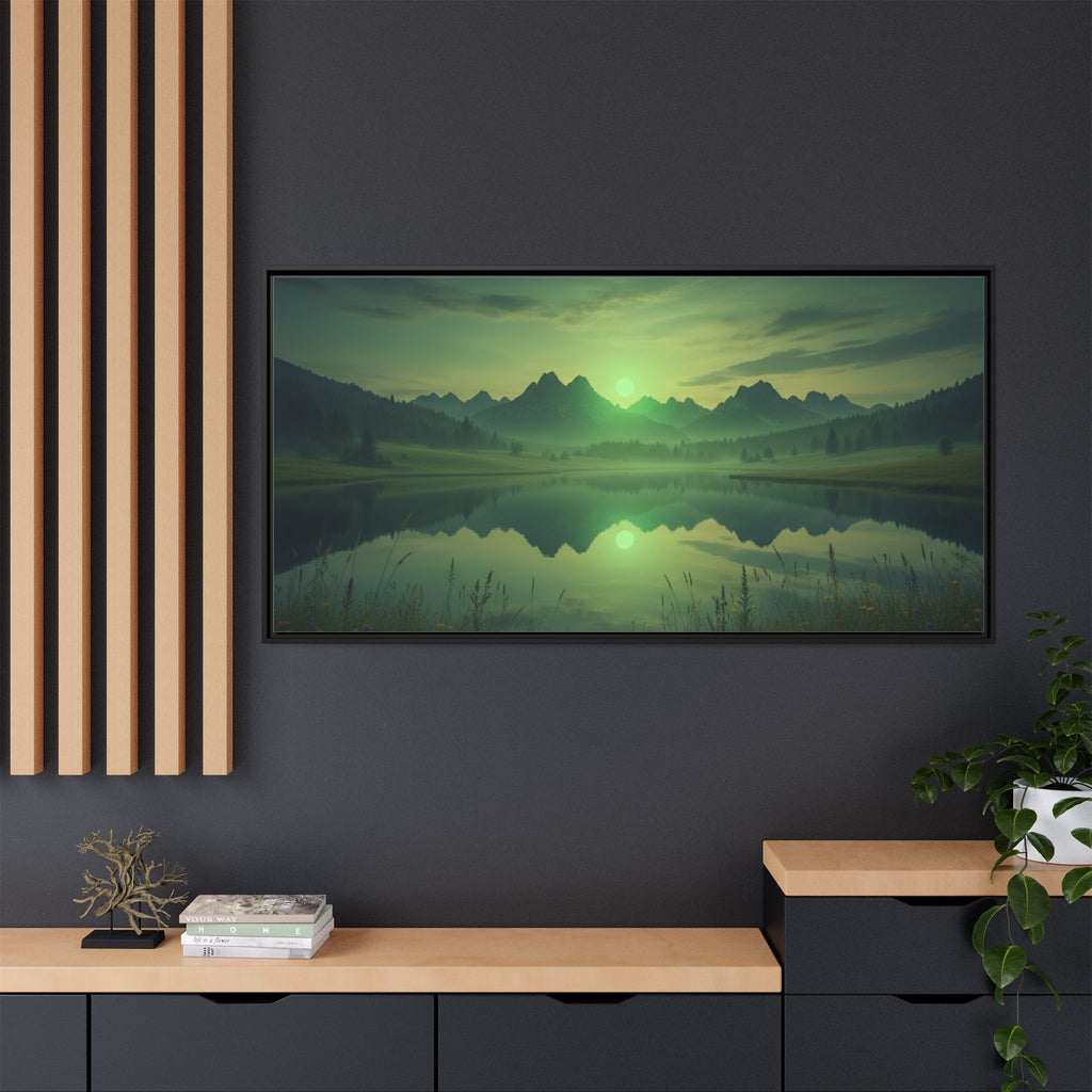 Framed Matte Canvas Print — Serene Green Mountain Lake Landscape