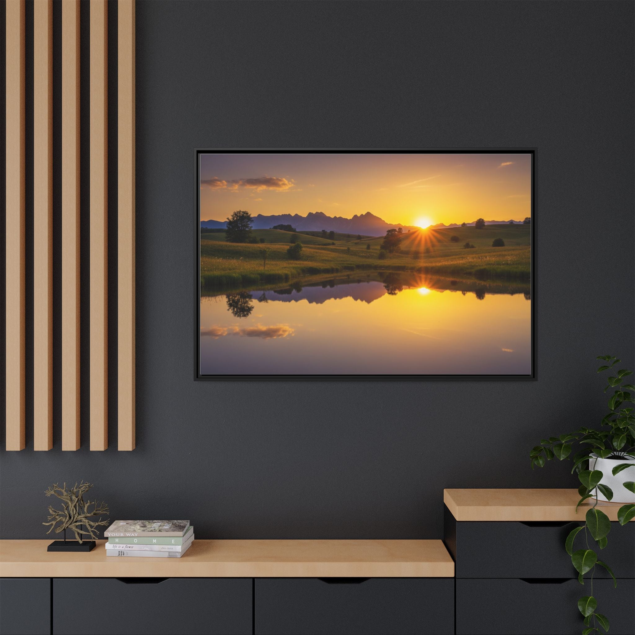 Framed Matte Canvas Sunset Landscape — Serene Lake Reflection Wall Art