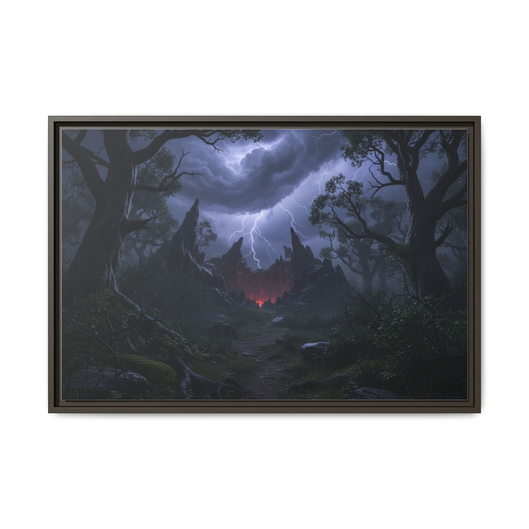 Dark Storm Forest Framed Canvas Print — Lightning, Haunted Castle Art