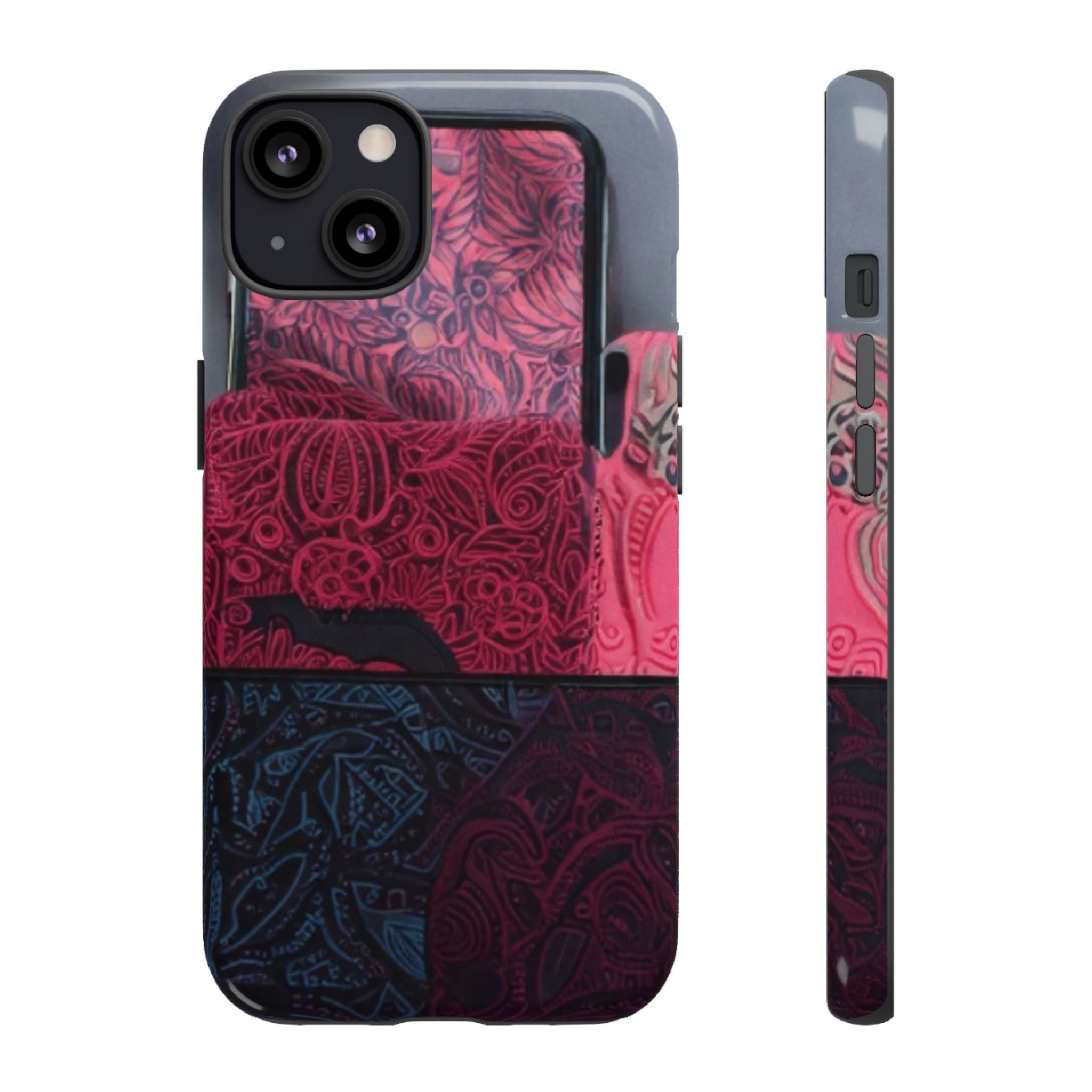 Floral Patchwork Tough Phone Case — Pink & Navy Doodle Design