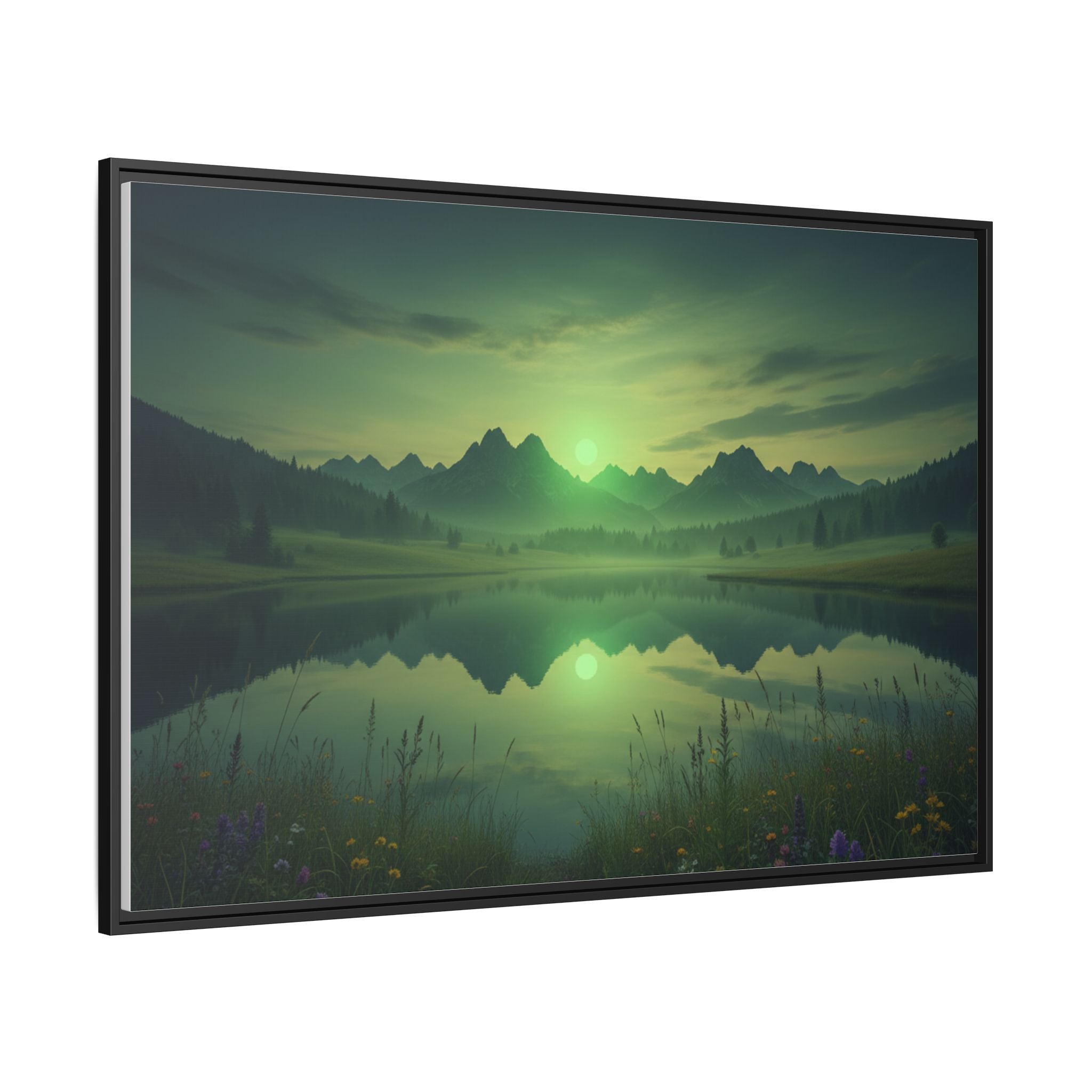 Framed Matte Canvas Print — Serene Green Mountain Lake Landscape