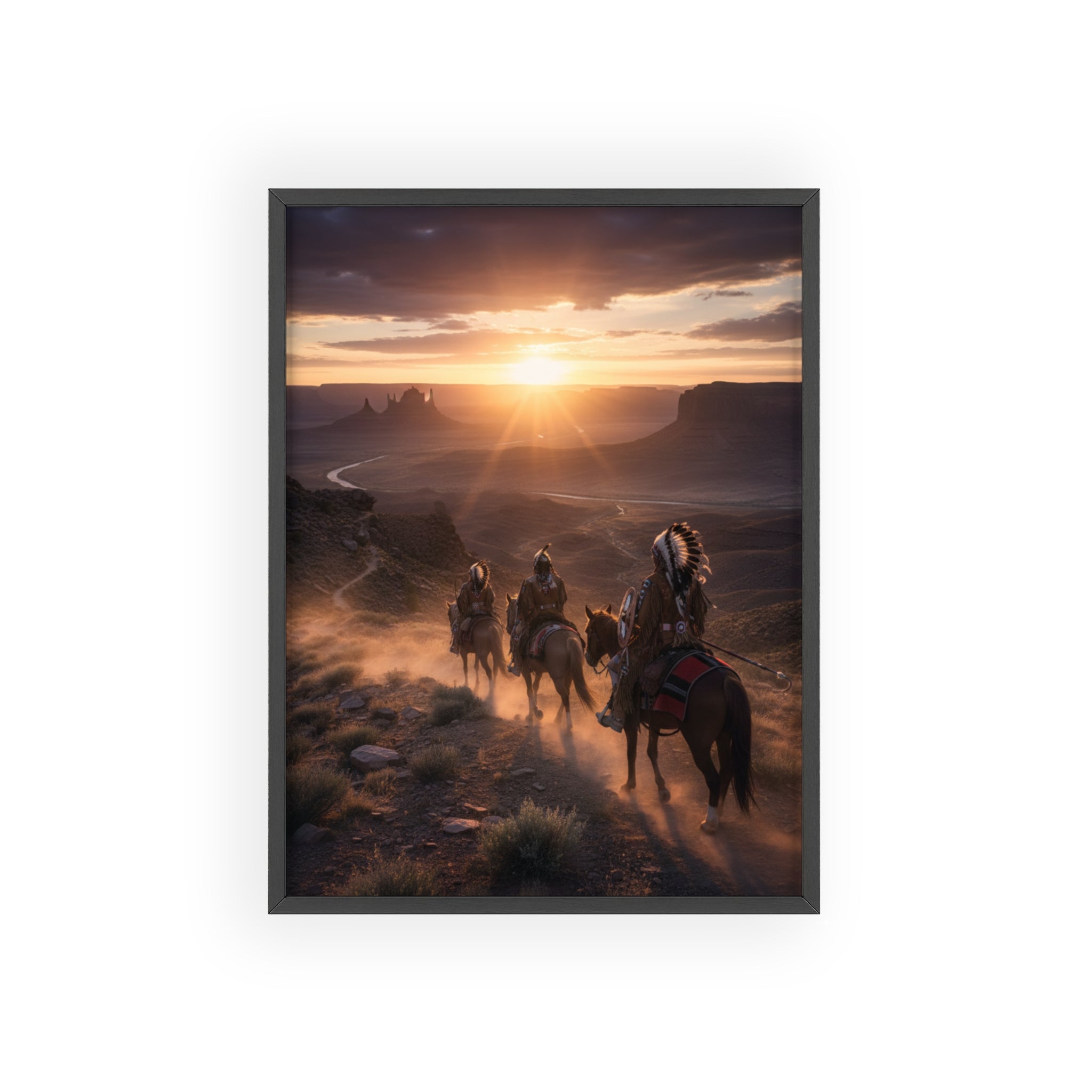 Framed Western Sunset Poster — Native Riders on Horseback Wall Art
