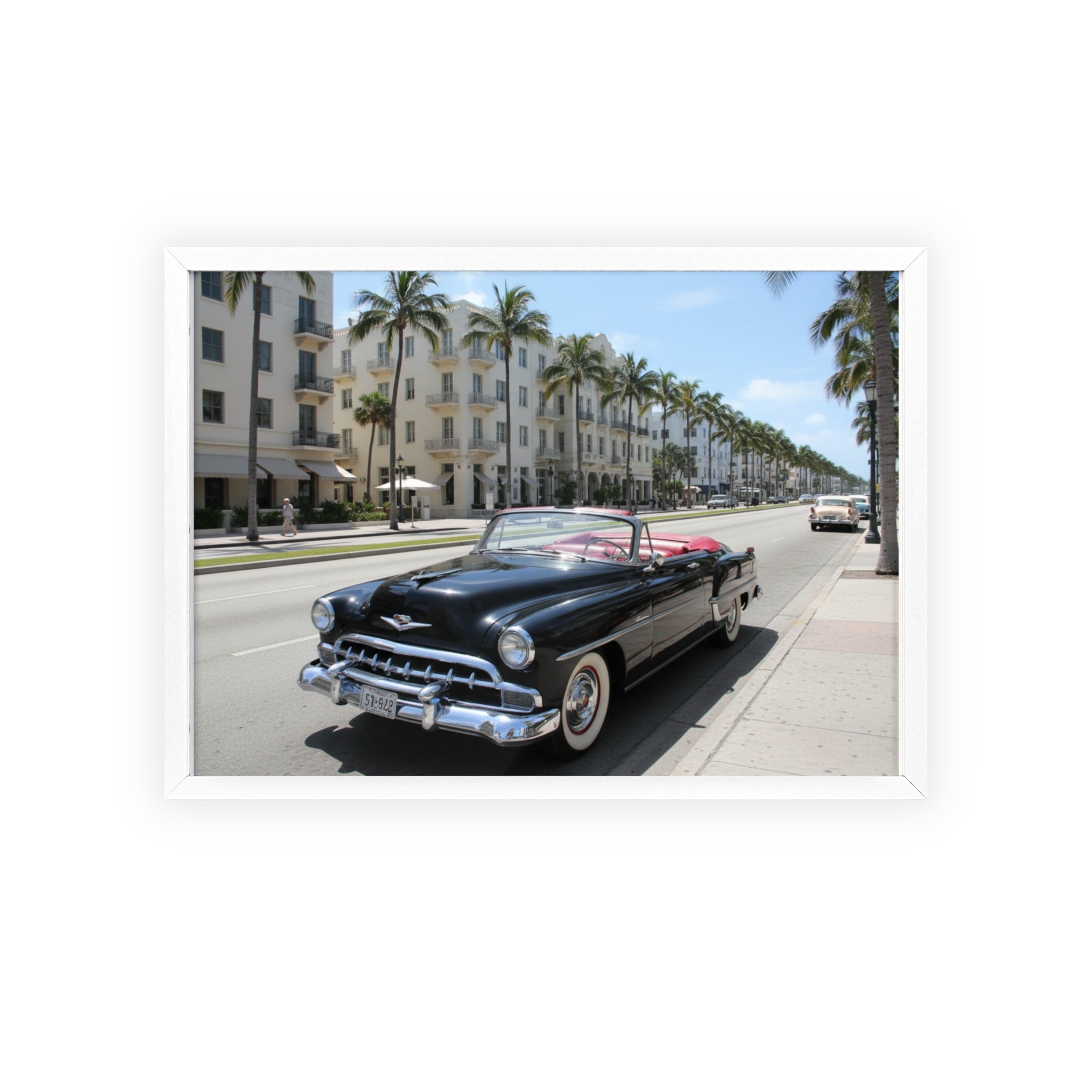 Vintage Convertible on Ocean Drive Framed Poster – Retro Classic Car Wall Art