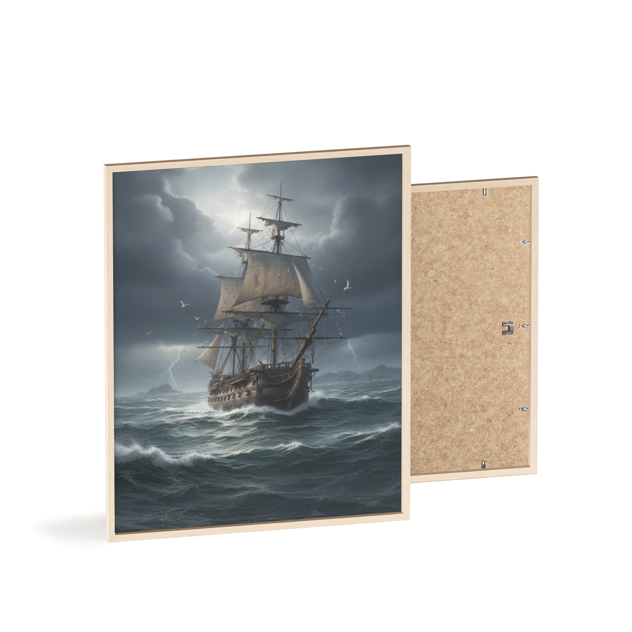 Framed Stormy Sea Ship Poster — Nautical Wall Art with Wooden Frame