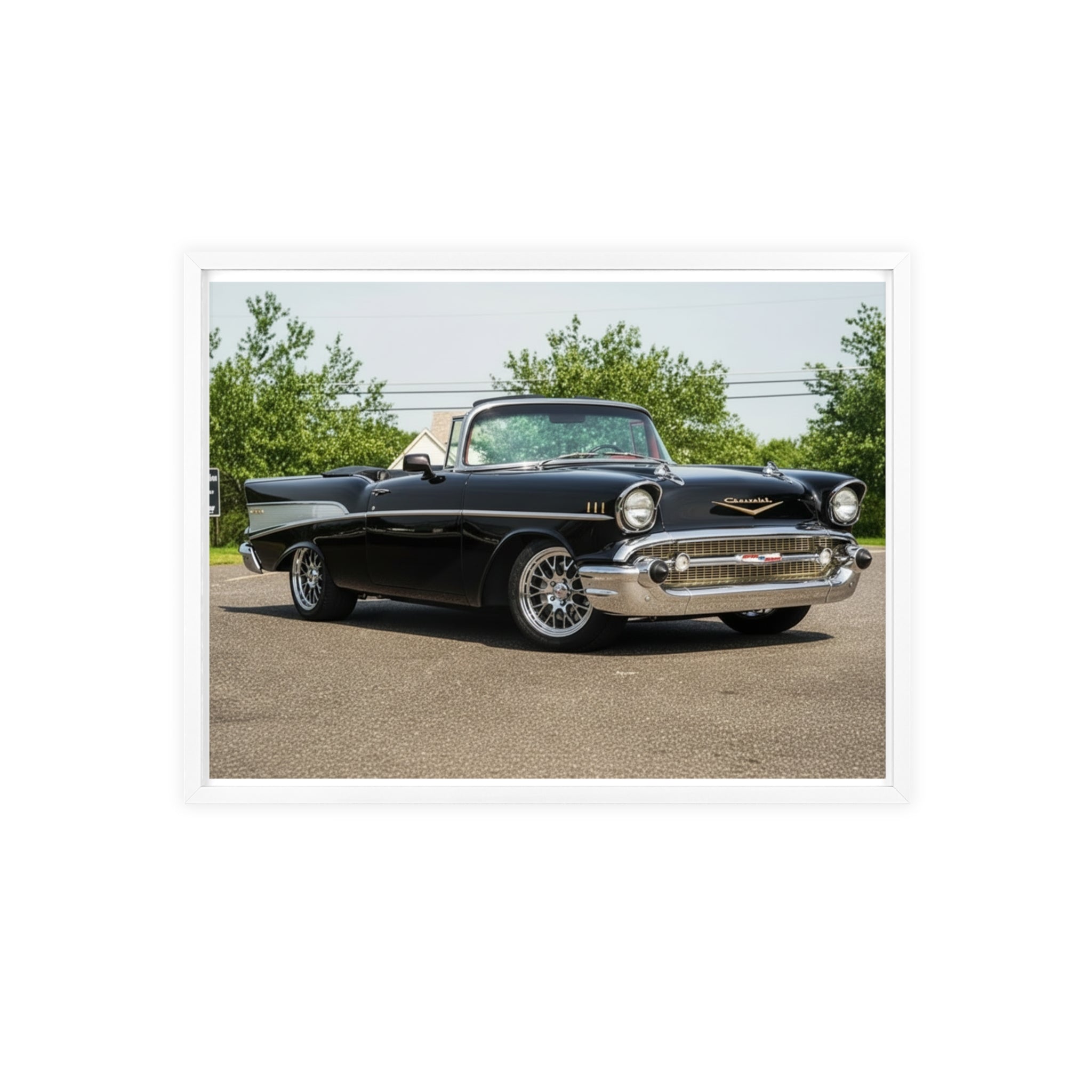 Classic Black 1957 Chevy Poster with Wooden Frame — Vintage Car Wall Art
