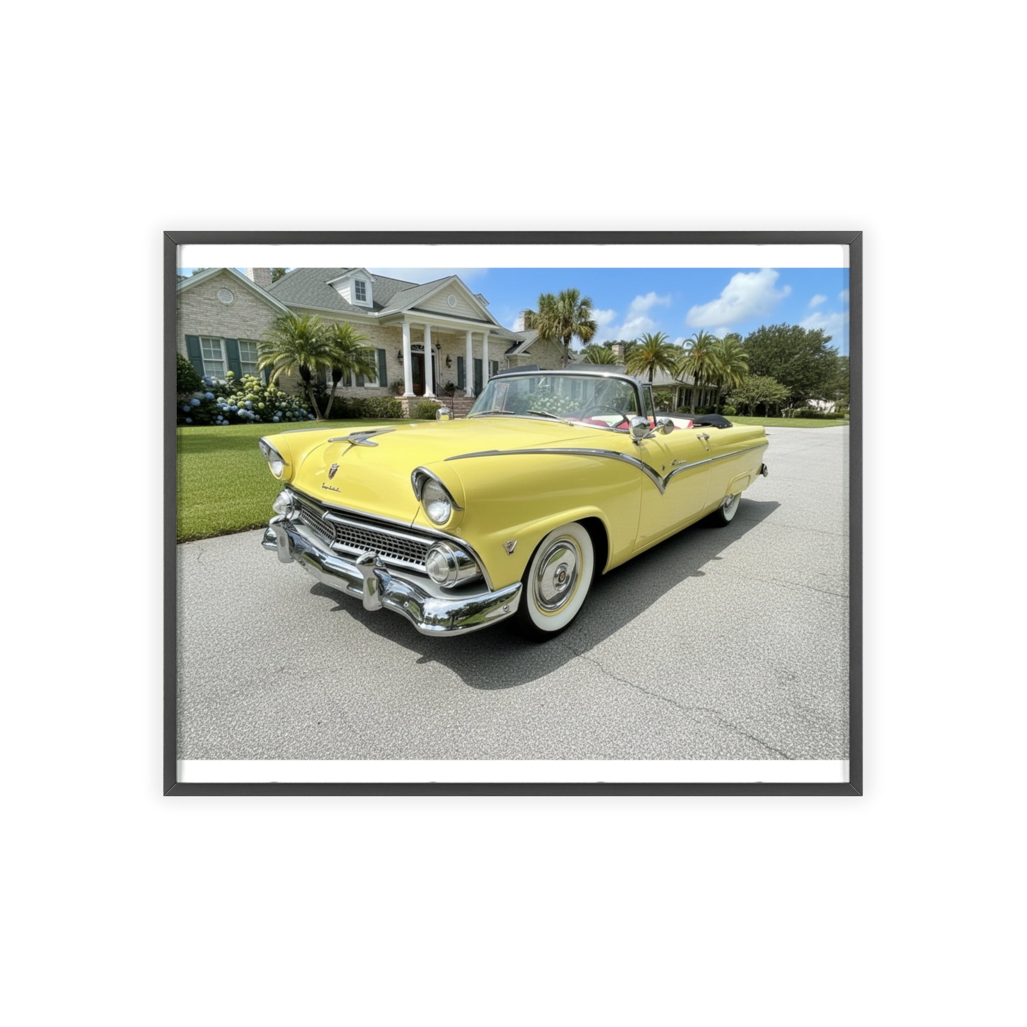 Vintage Yellow Classic Car Poster — Framed Wooden Wall Art