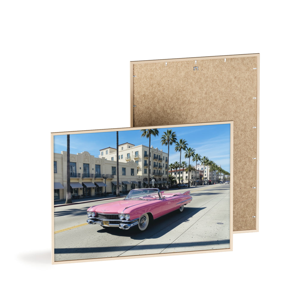 Retro Pink Cadillac Poster with Wooden Frame — Vintage Palm-Drive Wall Art