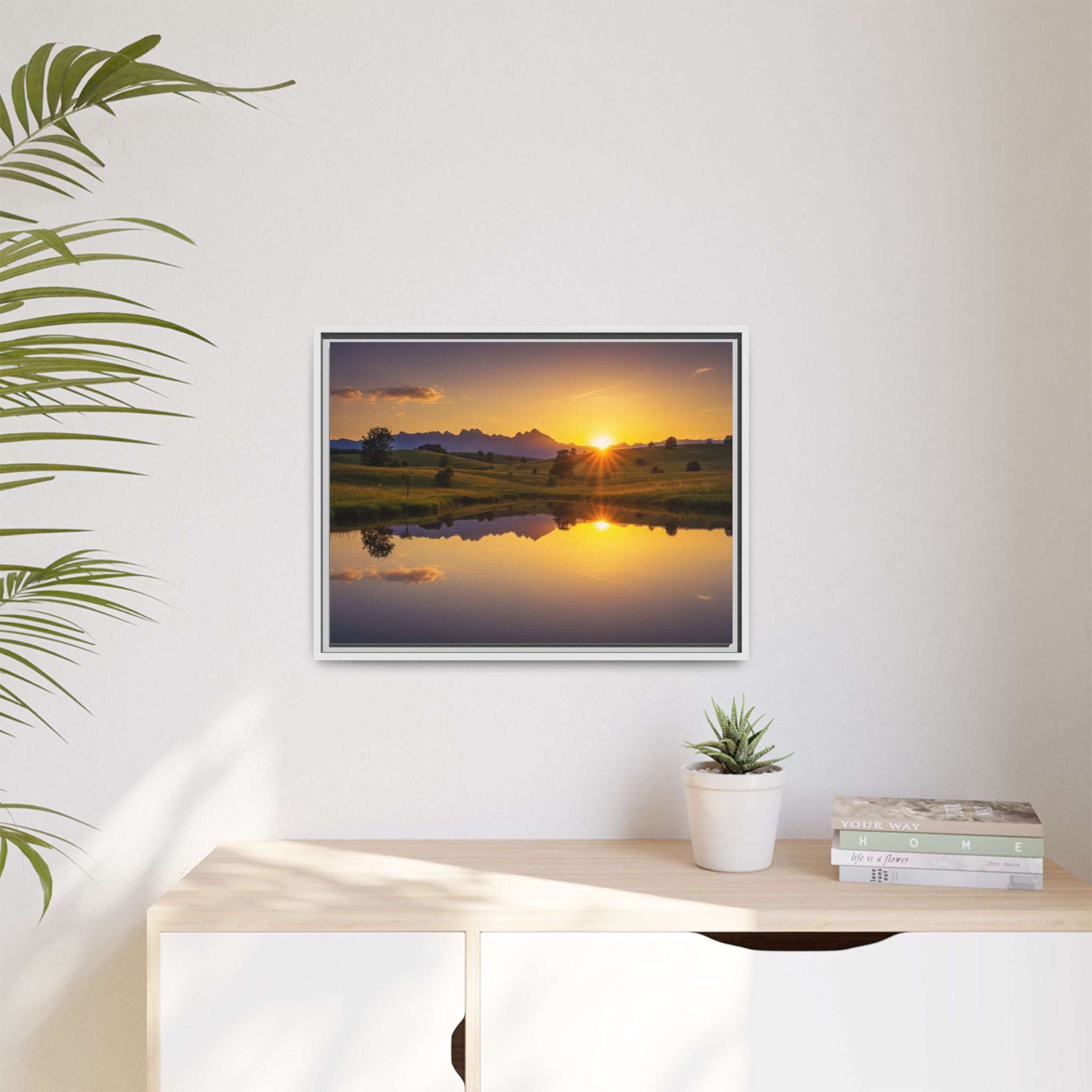 Framed Matte Canvas Sunset Landscape — Serene Lake Reflection Wall Art