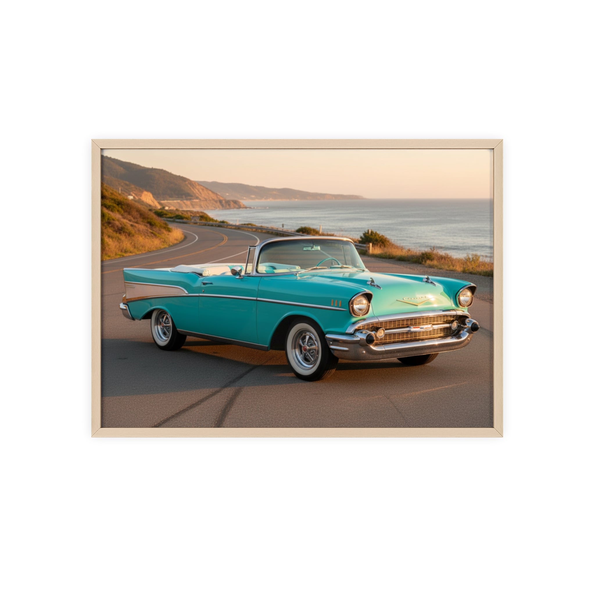 Vintage Teal Classic Car Poster with Wooden Frame — Coastal Road Print