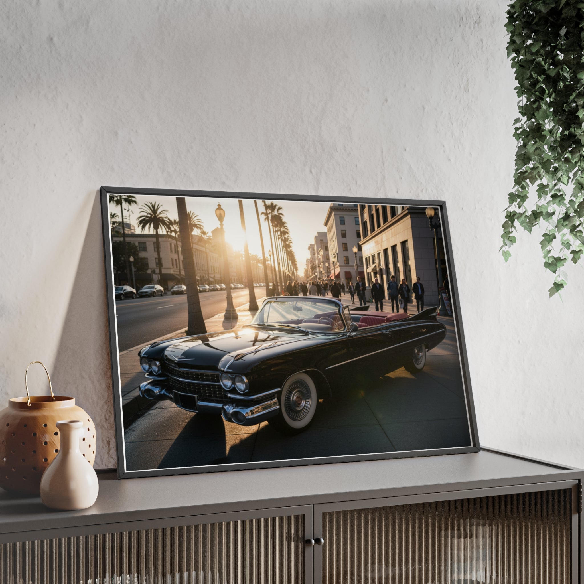 Vintage Convertible Sunset Poster with Wooden Frame