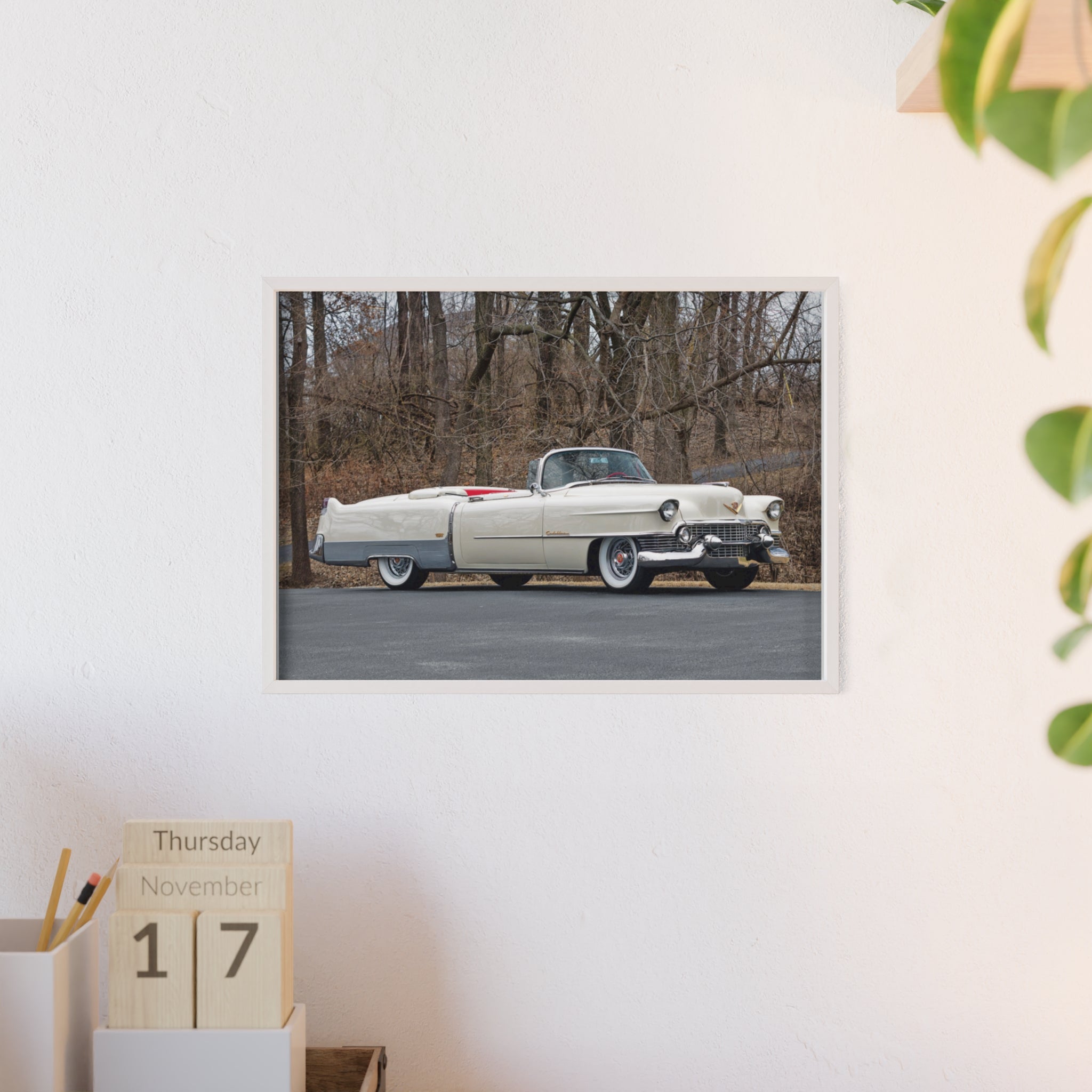 Vintage 1950s White Cadillac Poster with Wooden Frame - Classic Car Wall Art
