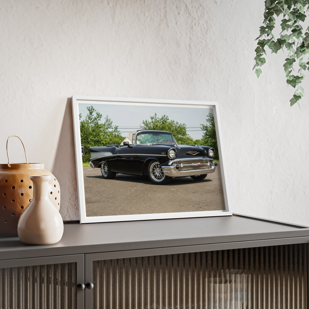 Classic Black 1957 Chevy Poster with Wooden Frame — Vintage Car Wall Art