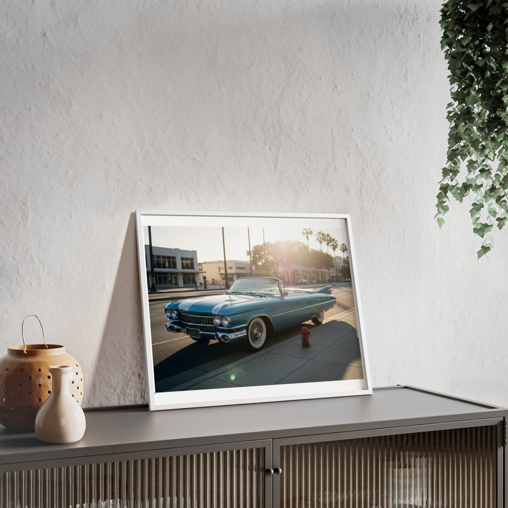 Vintage Blue Cadillac Poster with Wooden Frame – Retro Car Wall Art