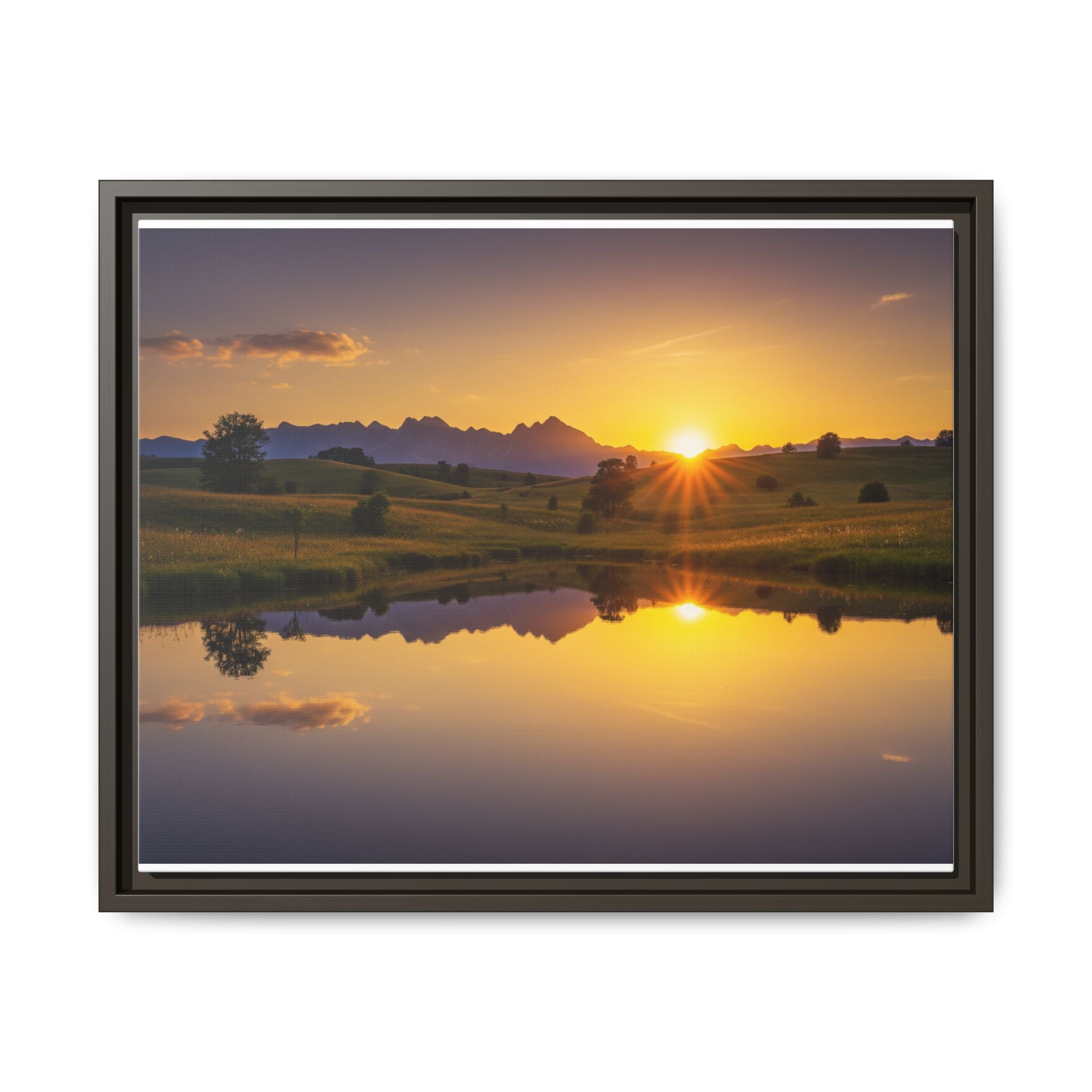 Framed Matte Canvas Sunset Landscape — Serene Lake Reflection Wall Art