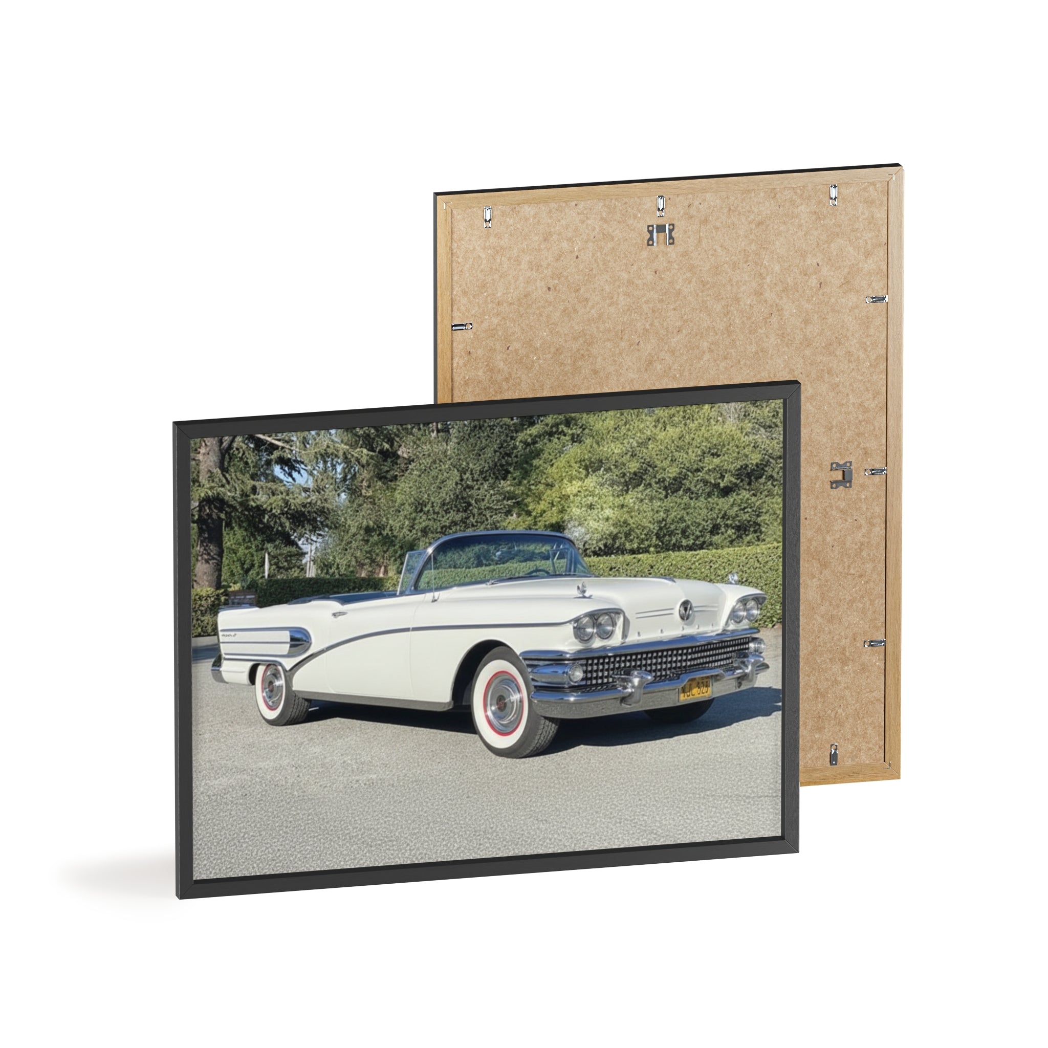 Classic White Convertible Car Poster with Wooden Frame — Vintage Auto Wall Art