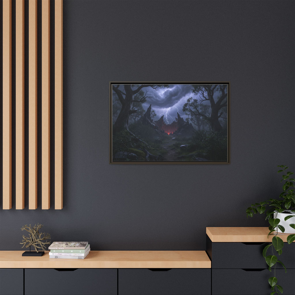 Dark Storm Forest Framed Canvas Print — Lightning, Haunted Castle Art