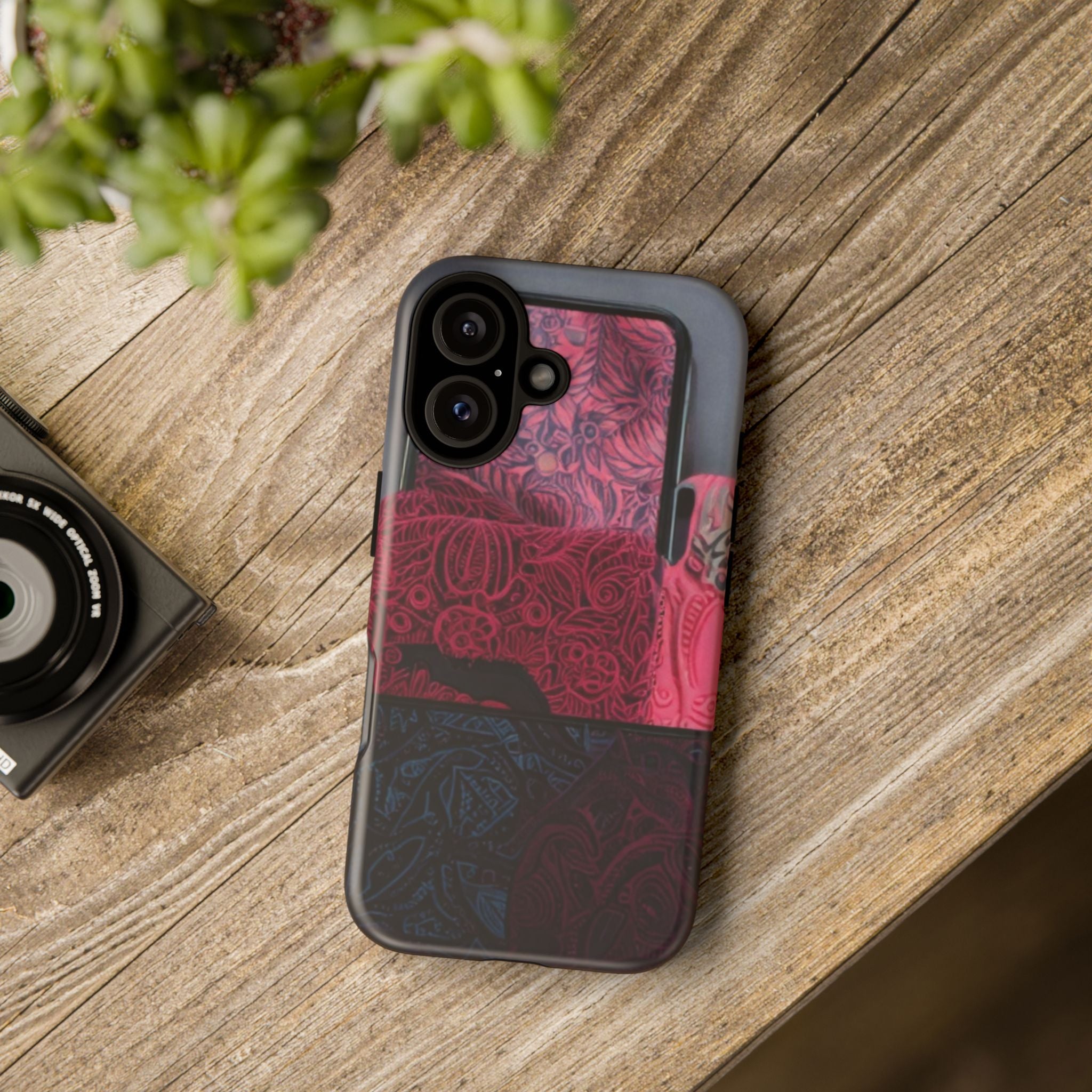 Floral Patchwork Tough Phone Case — Pink & Navy Doodle Design