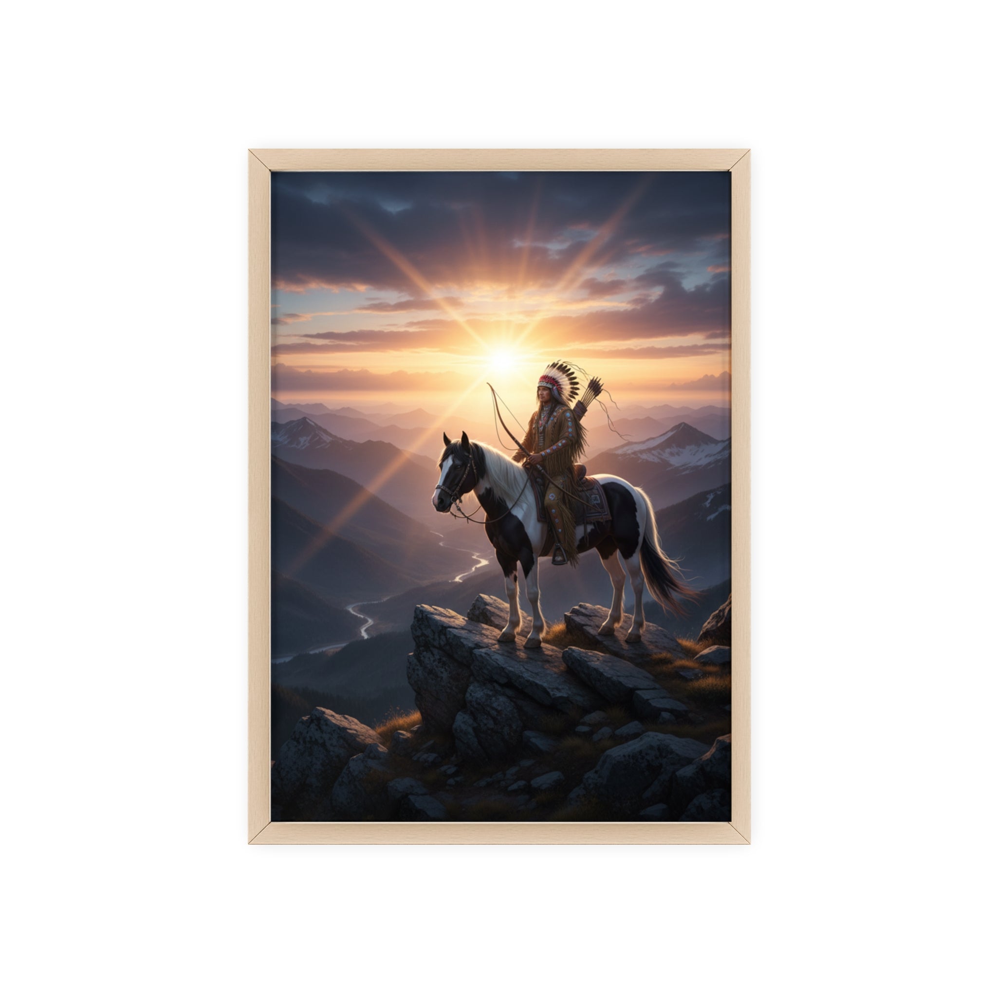 Native American Warrior on Horse Framed Poster — Scenic Sunrise Wall Art