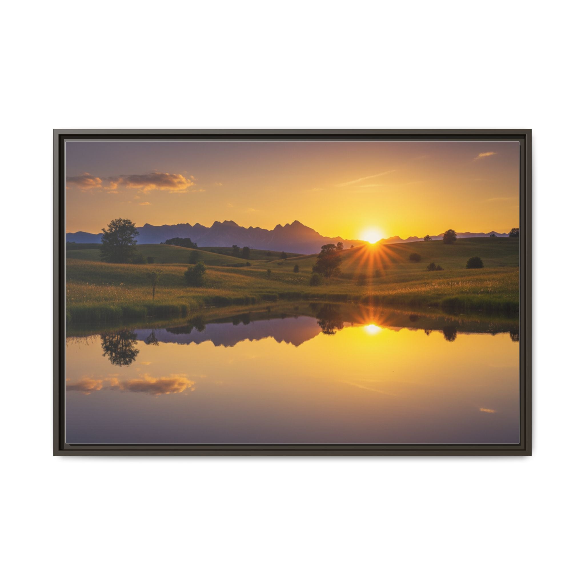 Framed Matte Canvas Sunset Landscape — Serene Lake Reflection Wall Art