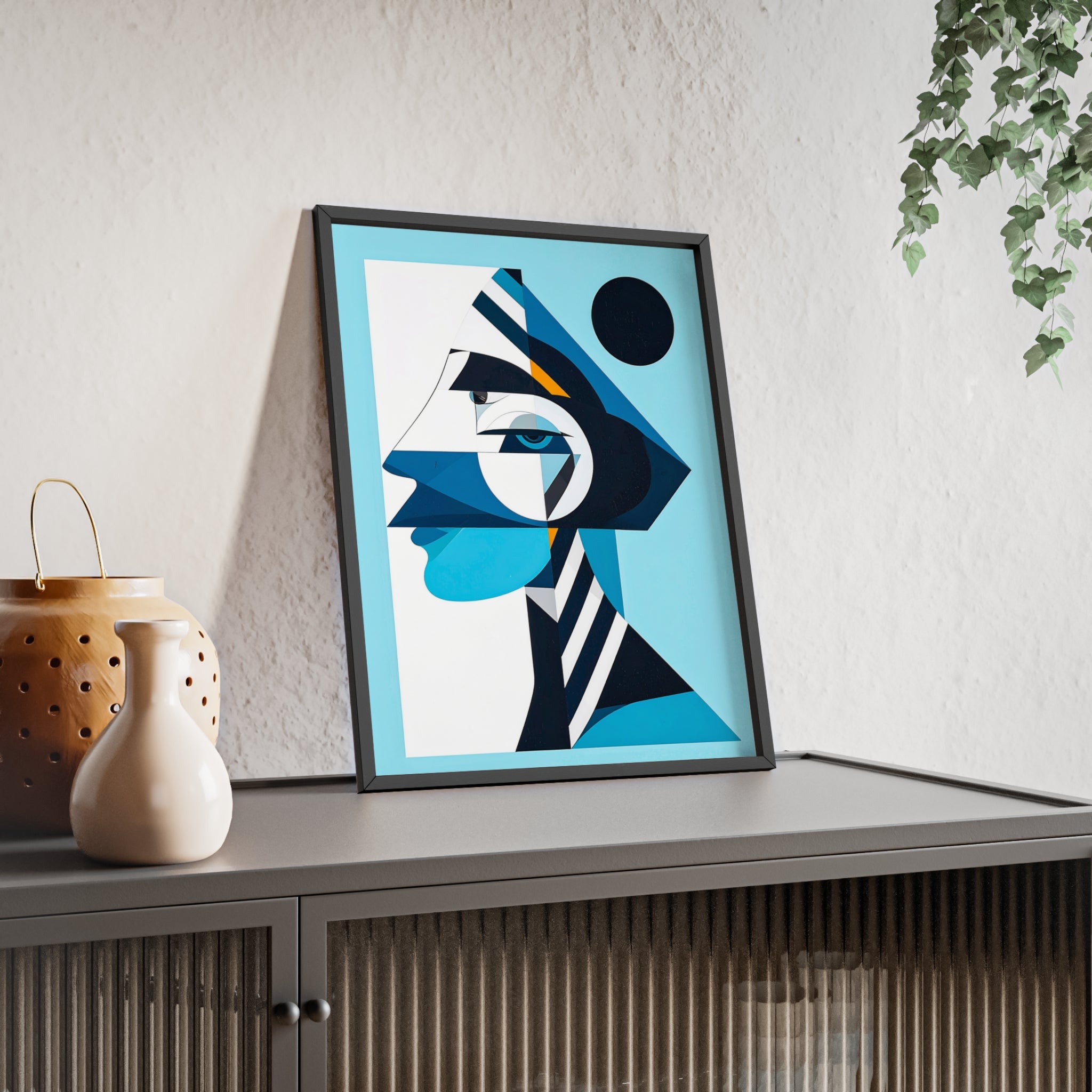 Abstract Geometric Portrait Poster with Wooden Frame — Blue Modern Wall Art