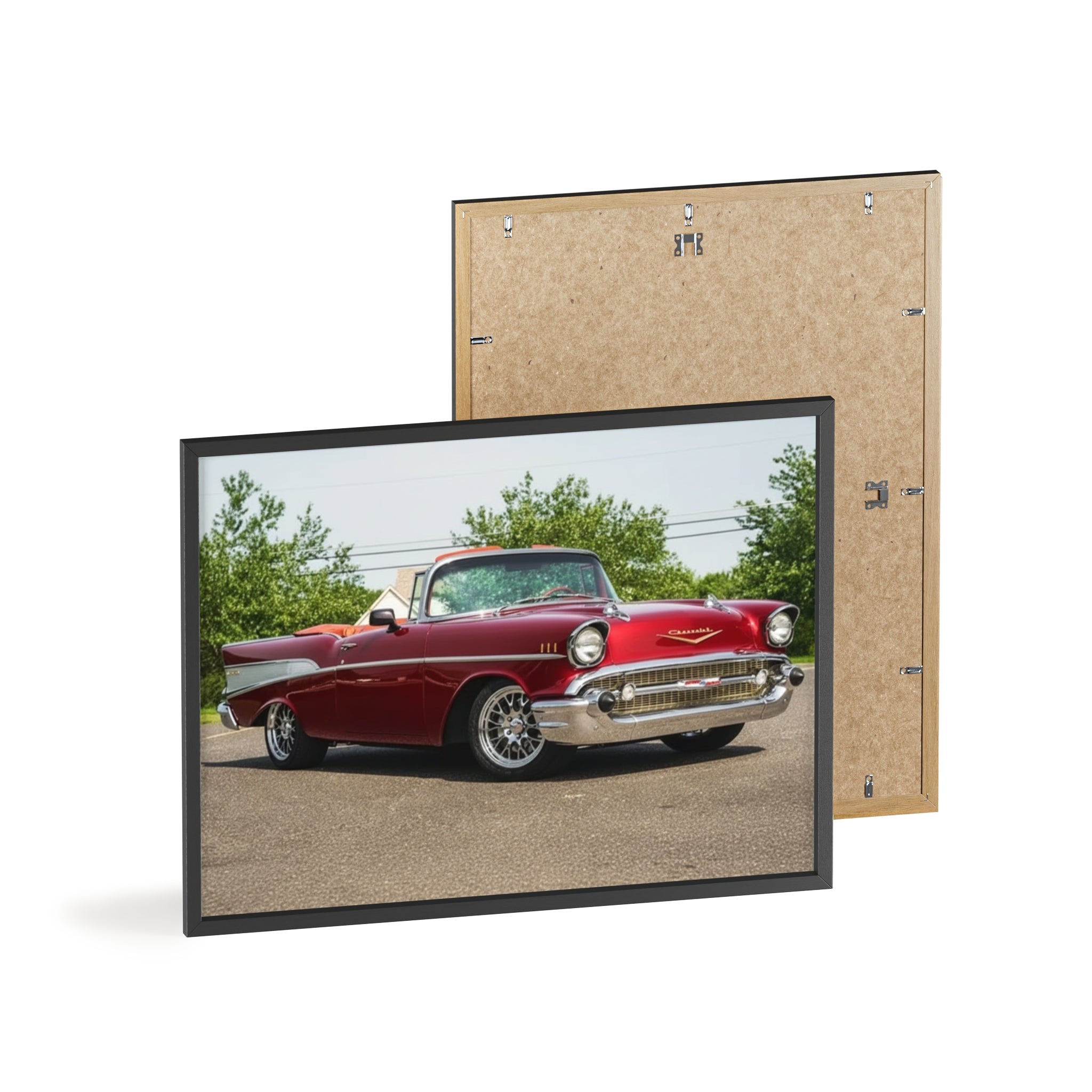 Vintage Red Classic Car Poster with Wooden Frame — Retro Automotive Wall Art