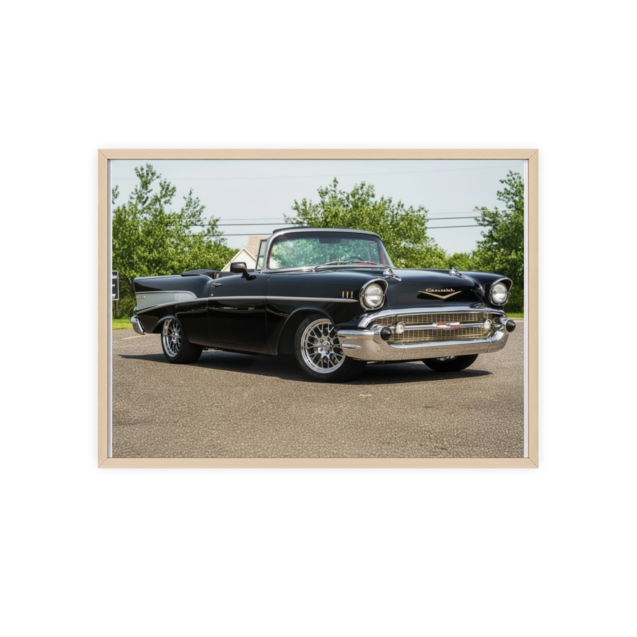 Classic Black 1957 Chevy Poster with Wooden Frame — Vintage Car Wall Art