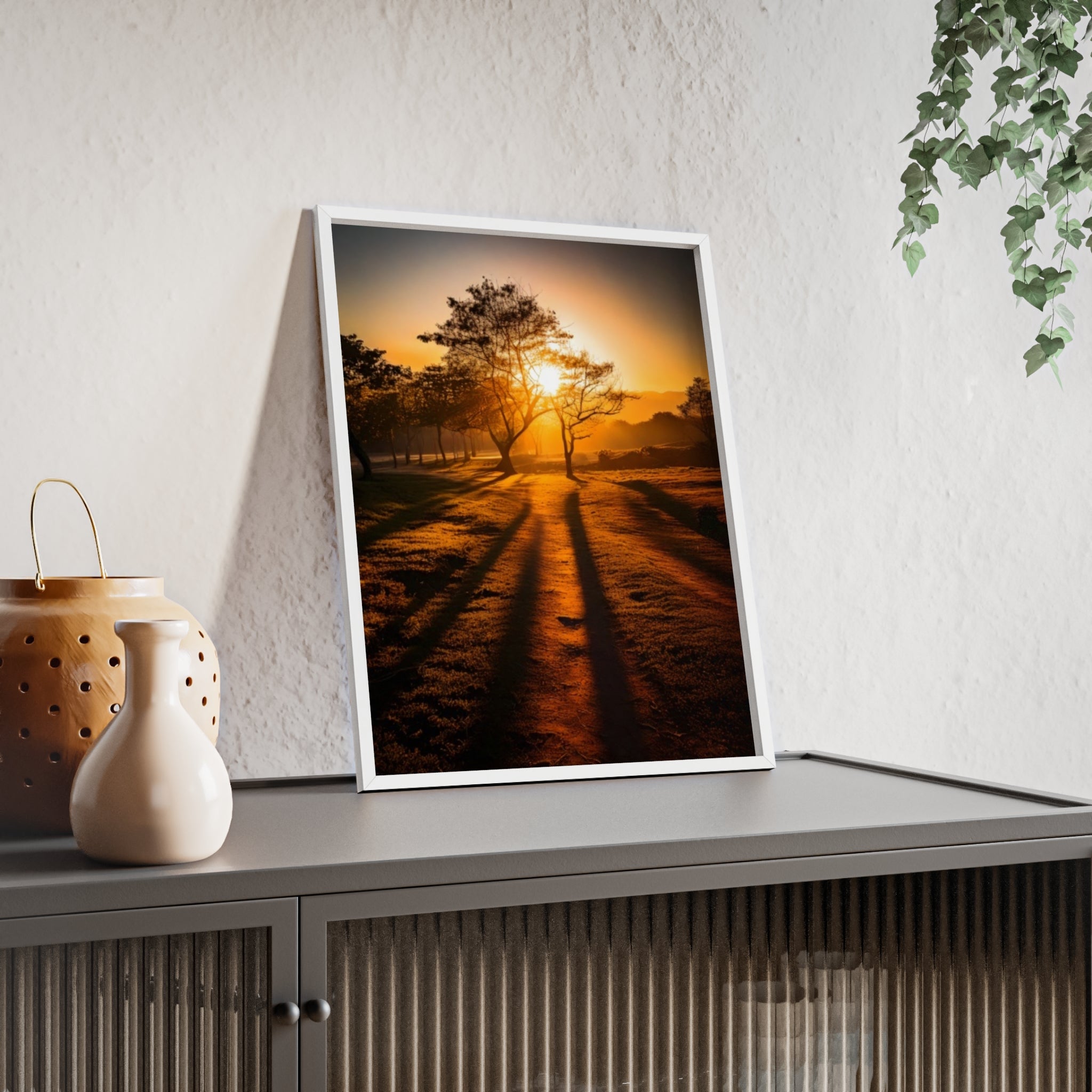 Sunrise Forest Poster — Framed Wooden Wall Art (Sunlit Trees)