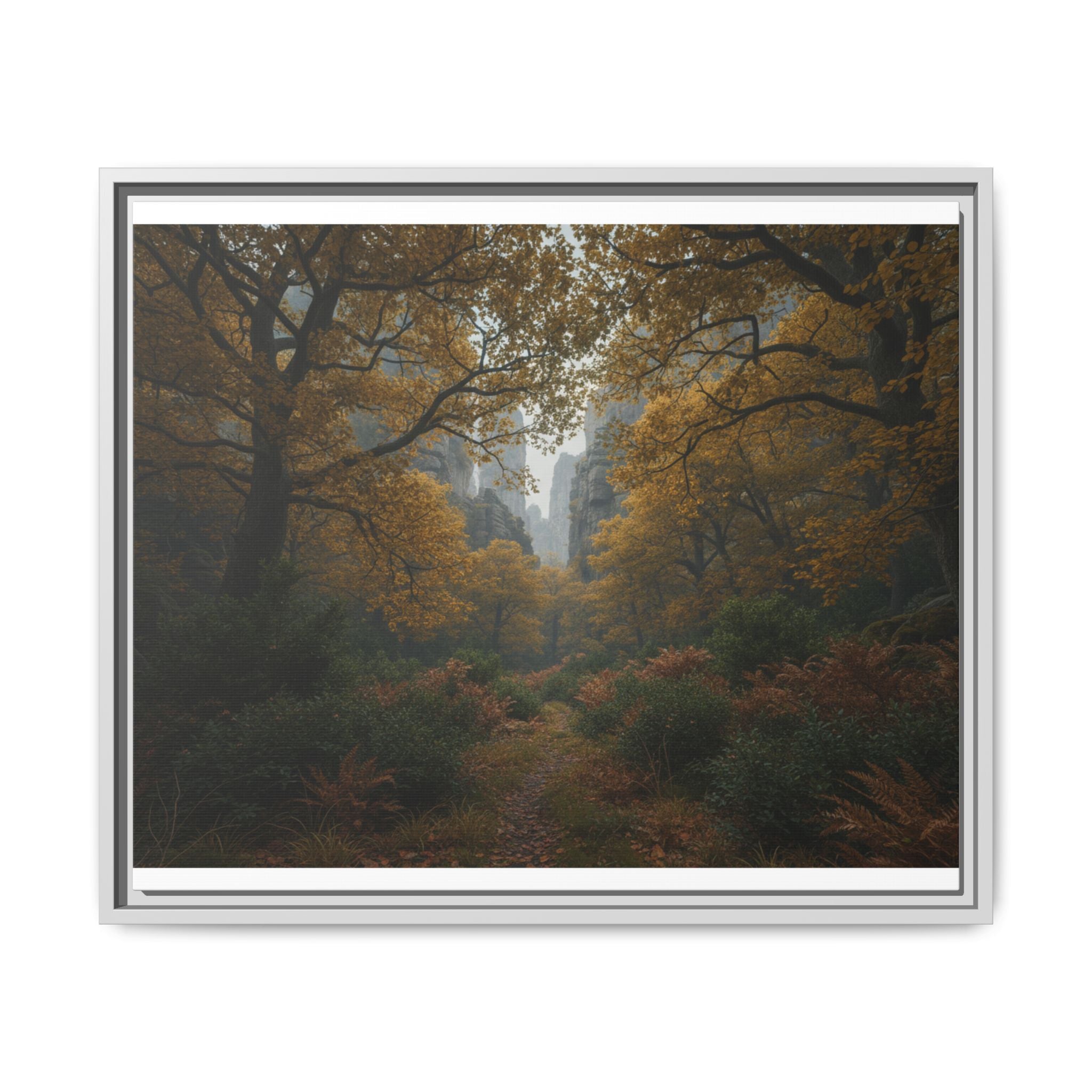Autumn Forest Path Matte Canvas Print — Framed Wall Art