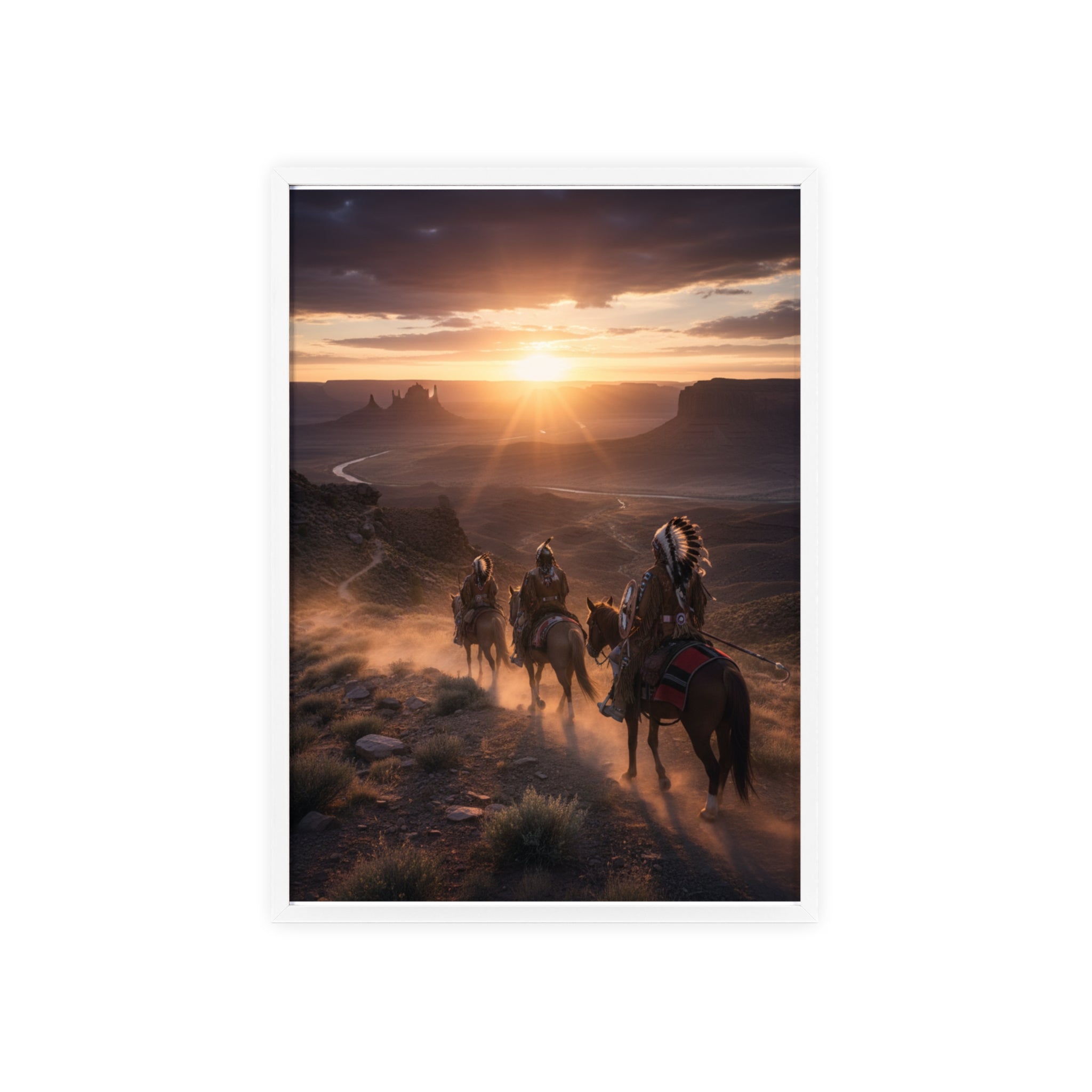 Framed Western Sunset Poster — Native Riders on Horseback Wall Art