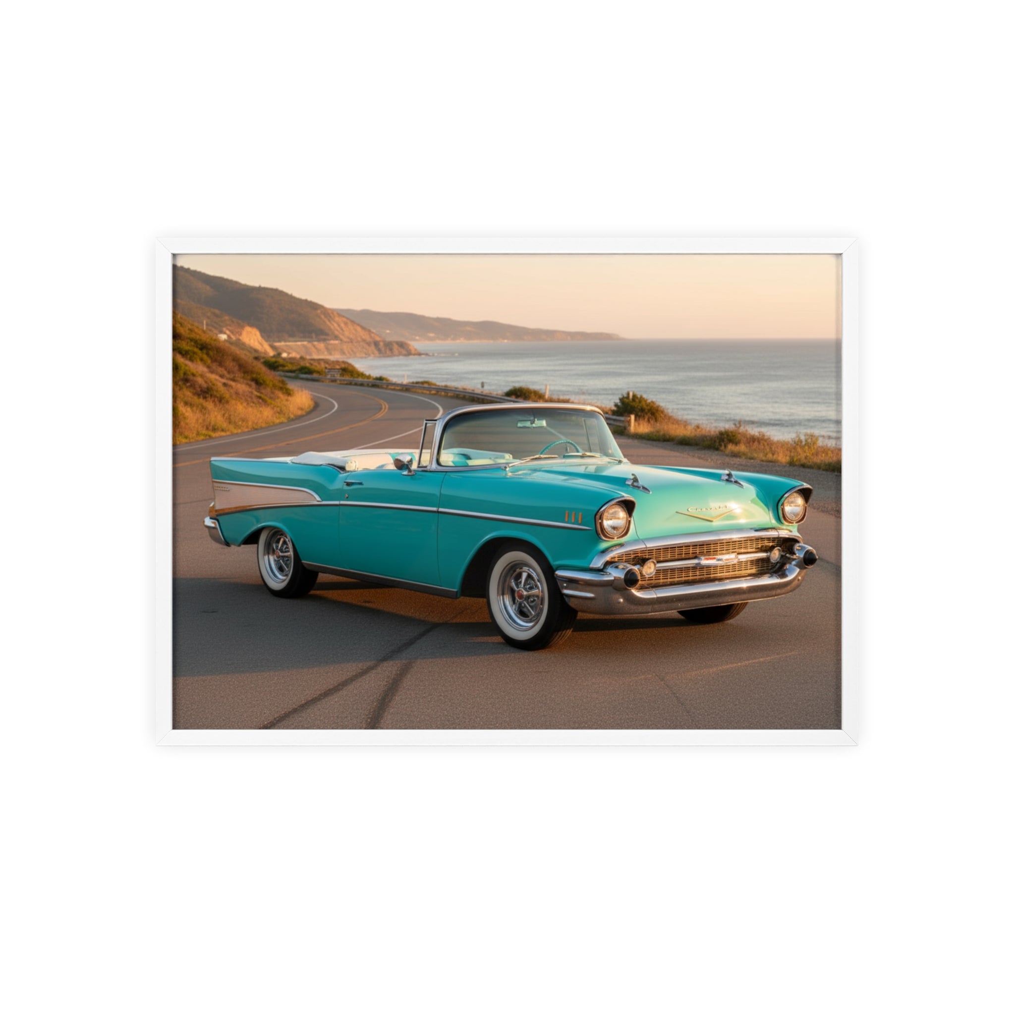 Vintage Teal Classic Car Poster with Wooden Frame — Coastal Road Print