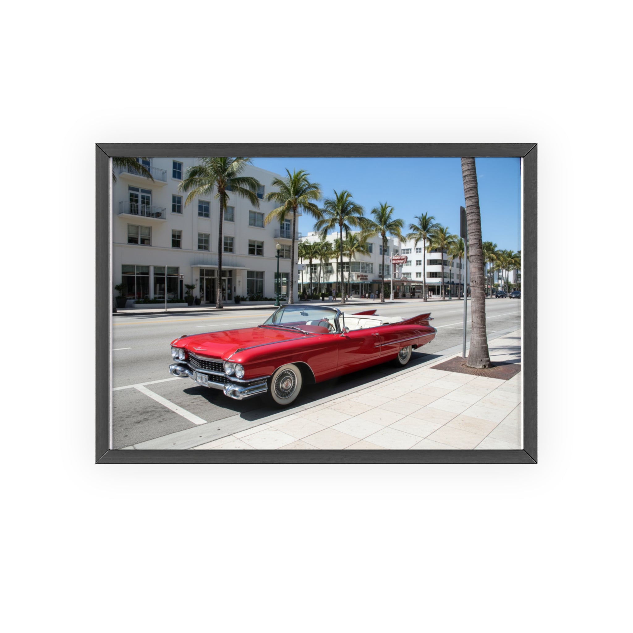 Retro Red Convertible Palm Beach Poster with Wooden Frame