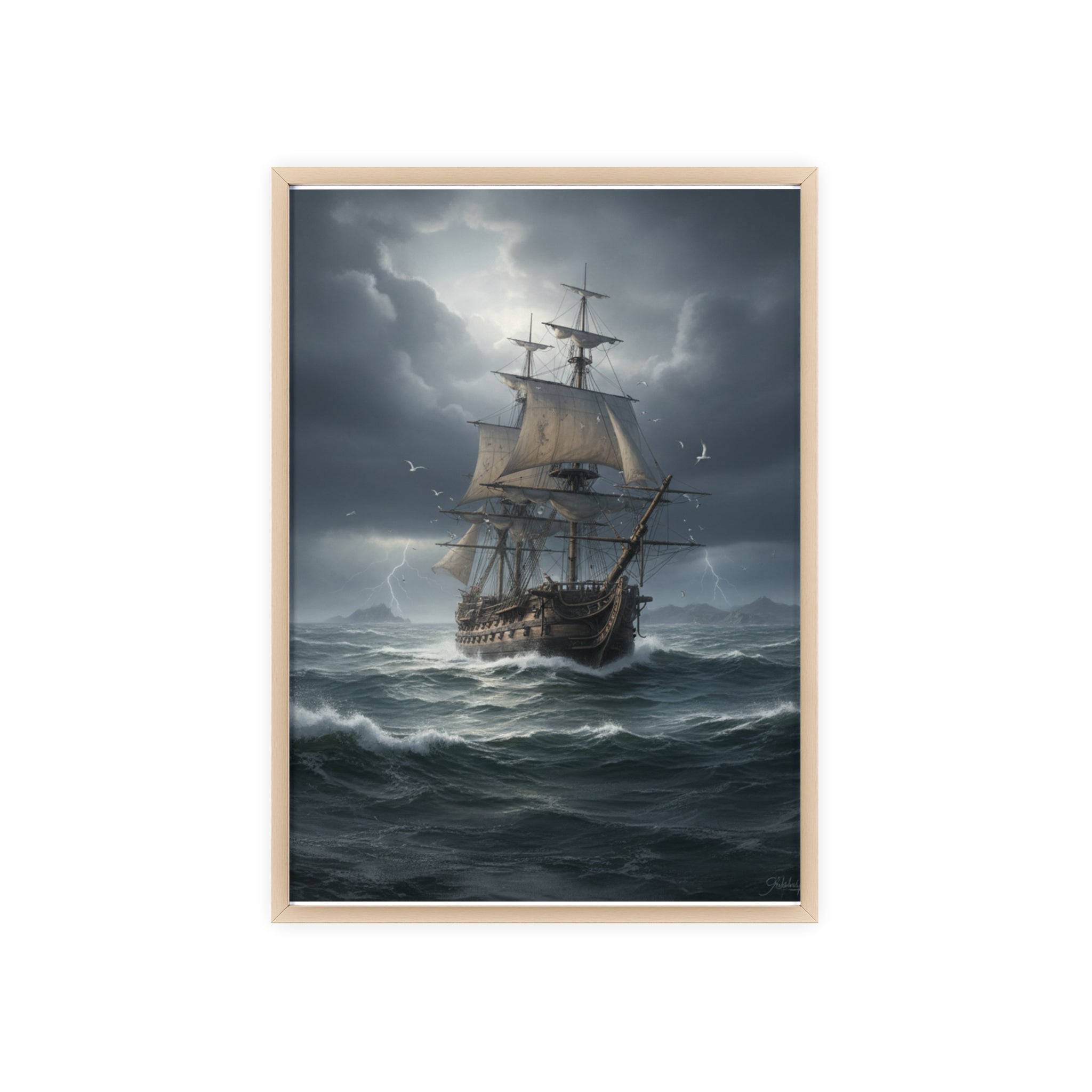 Framed Stormy Sea Ship Poster — Nautical Wall Art with Wooden Frame