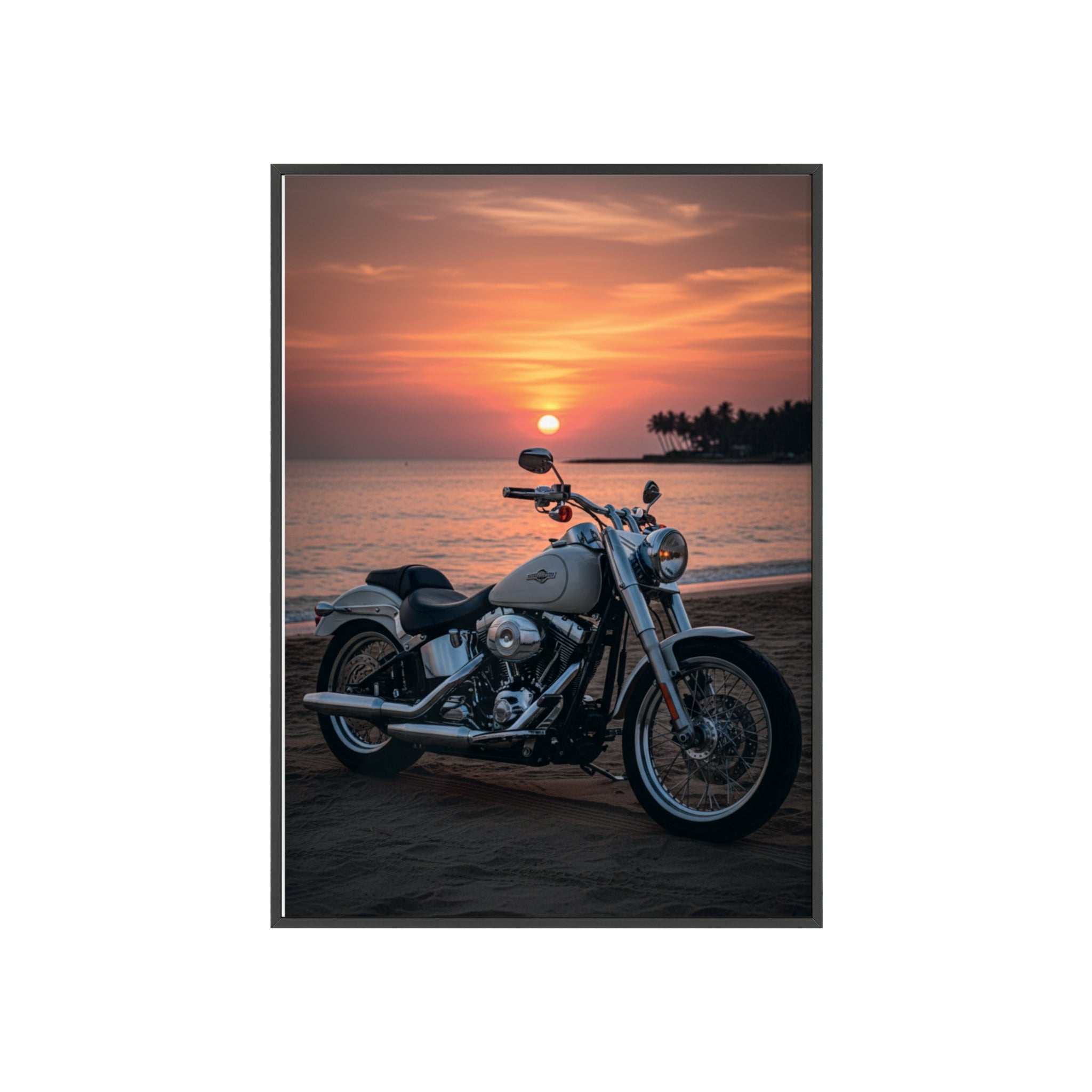 Sunset Beach Motorcycle Poster with Wooden Frame — Vintage Cruiser Wall Art