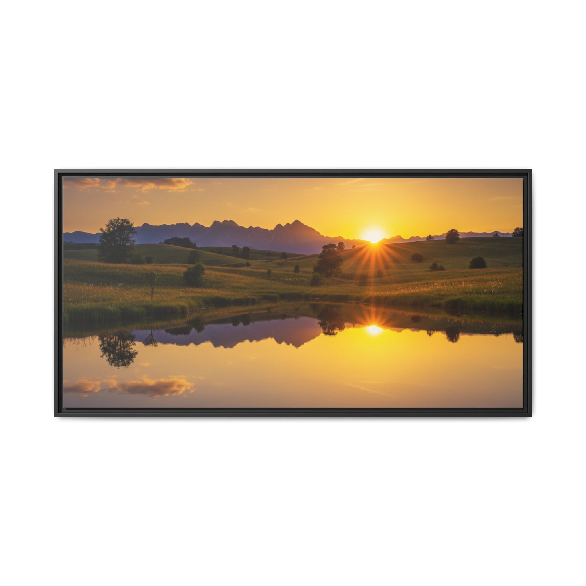 Framed Matte Canvas Sunset Landscape — Serene Lake Reflection Wall Art