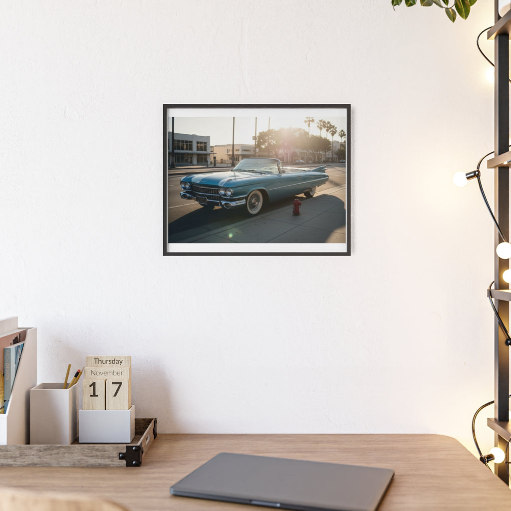 Vintage Blue Cadillac Poster with Wooden Frame – Retro Car Wall Art