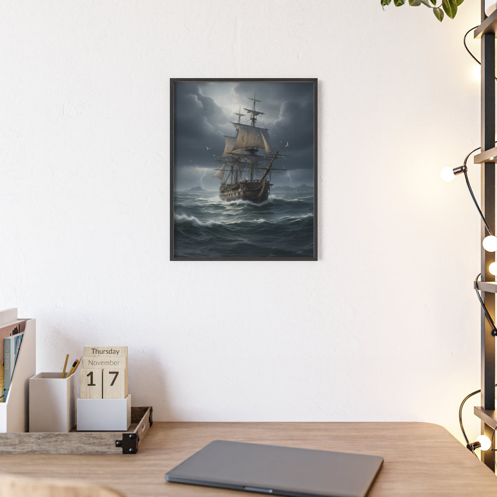 Framed Stormy Sea Ship Poster — Nautical Wall Art with Wooden Frame