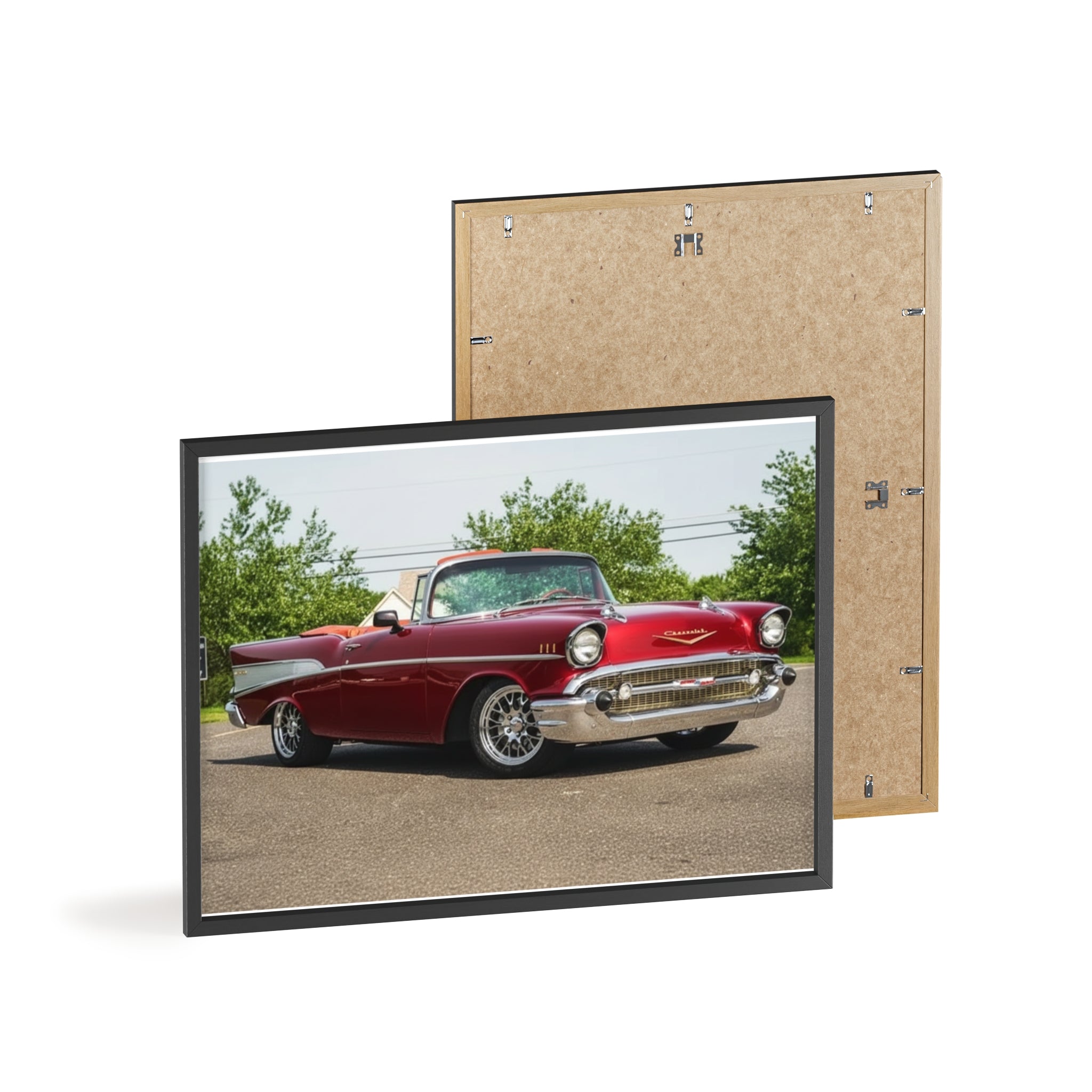 Classic Red Chevy Poster with Wooden Frame — Vintage Car Wall Art for Garage, Man Cave, Auto Enthusiasts
