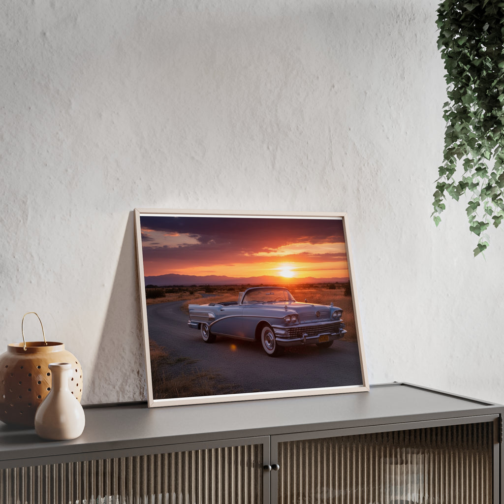 Vintage Convertible Sunset Poster with Wooden Frame