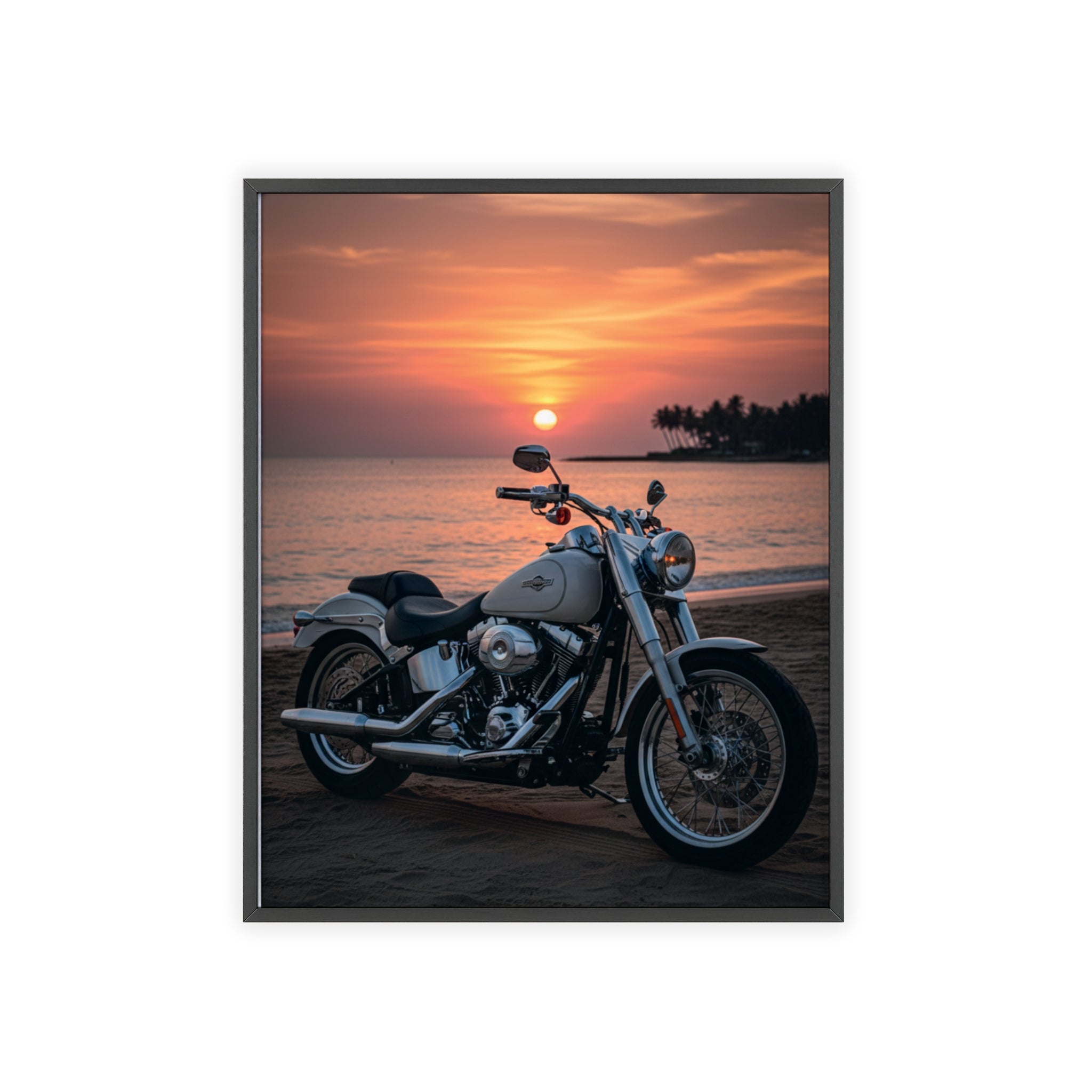 Sunset Beach Motorcycle Poster with Wooden Frame — Vintage Cruiser Wall Art